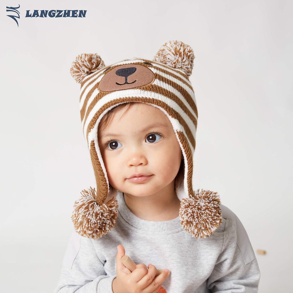 LANGZHEN Toddler Kids Infant Winter Hat,Earflap Knit Warm Cap Fleece Lined Beanie for Baby Boys Girls (Brown, M)