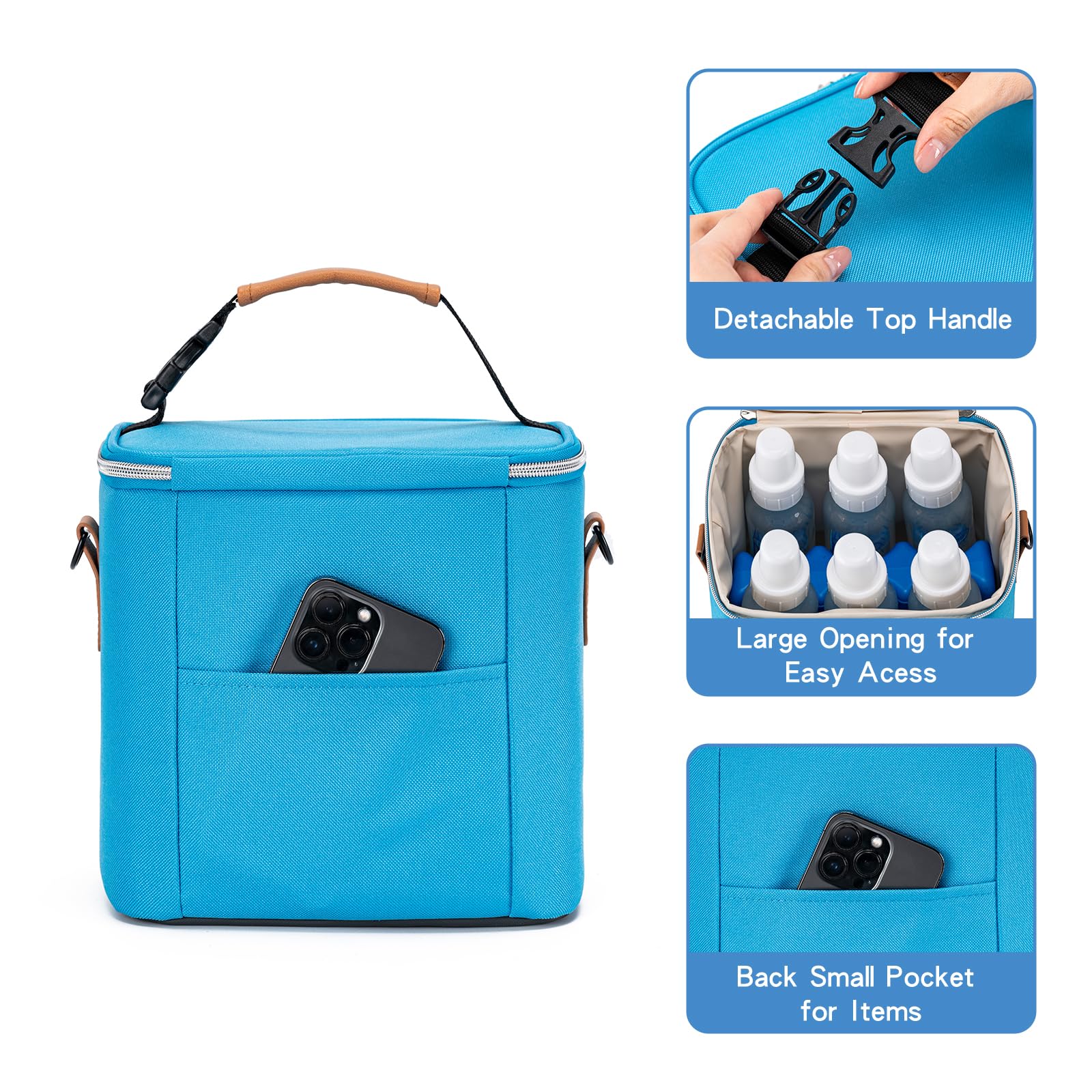 BABEYER Breastmilk Cooler Bag with Ice Pack Fits 6 Baby Bottles Up to 9 Ounce, Baby Bottle Bag with Shoulder Strap for Nursing Mom Daycare, Blue