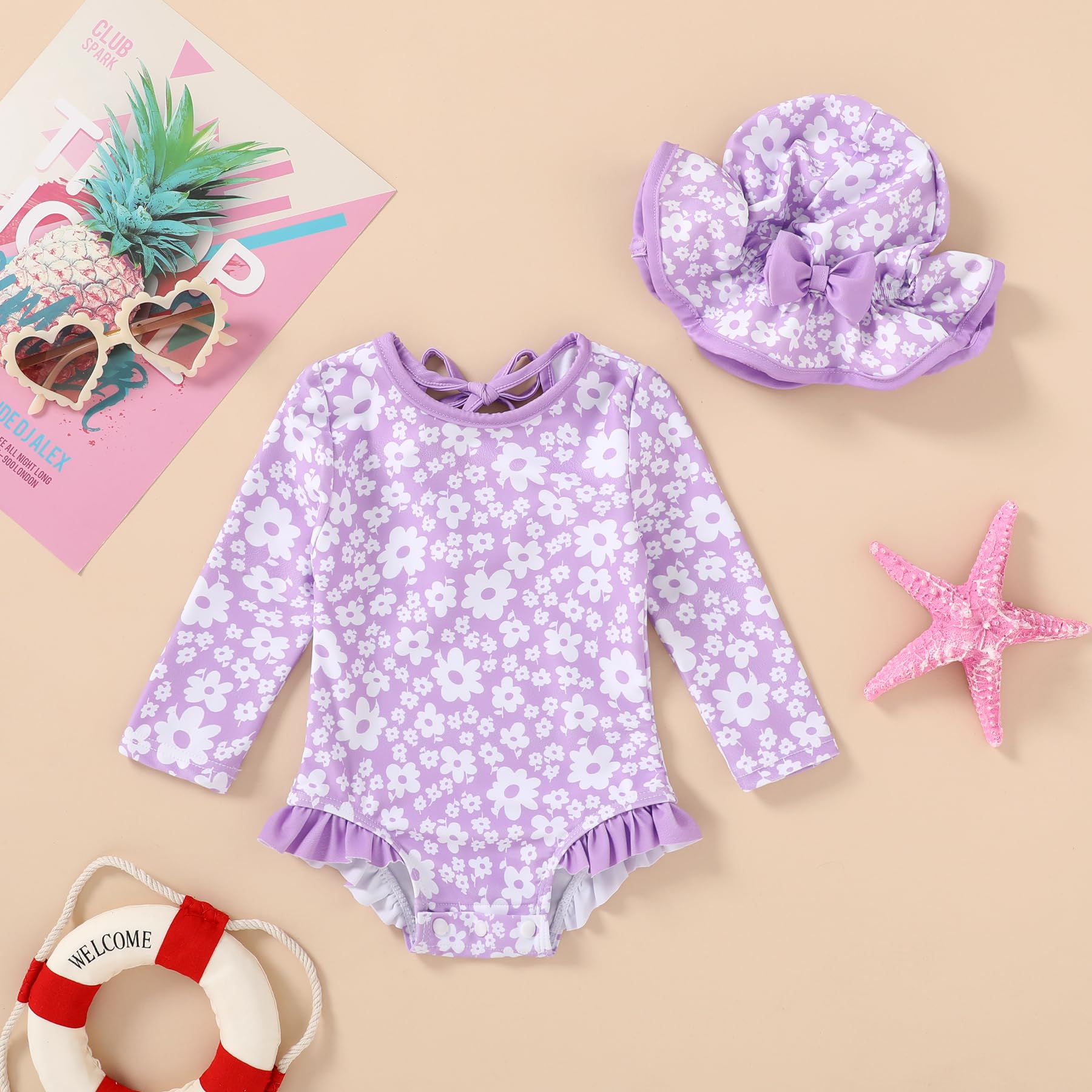 Infant Baby Girls Long Sleeve One Piece Swimsuit with Hat Floral Zipper Bathing Suit Leopard Beach Wear (Purple Floral Fragments，3-6Months)