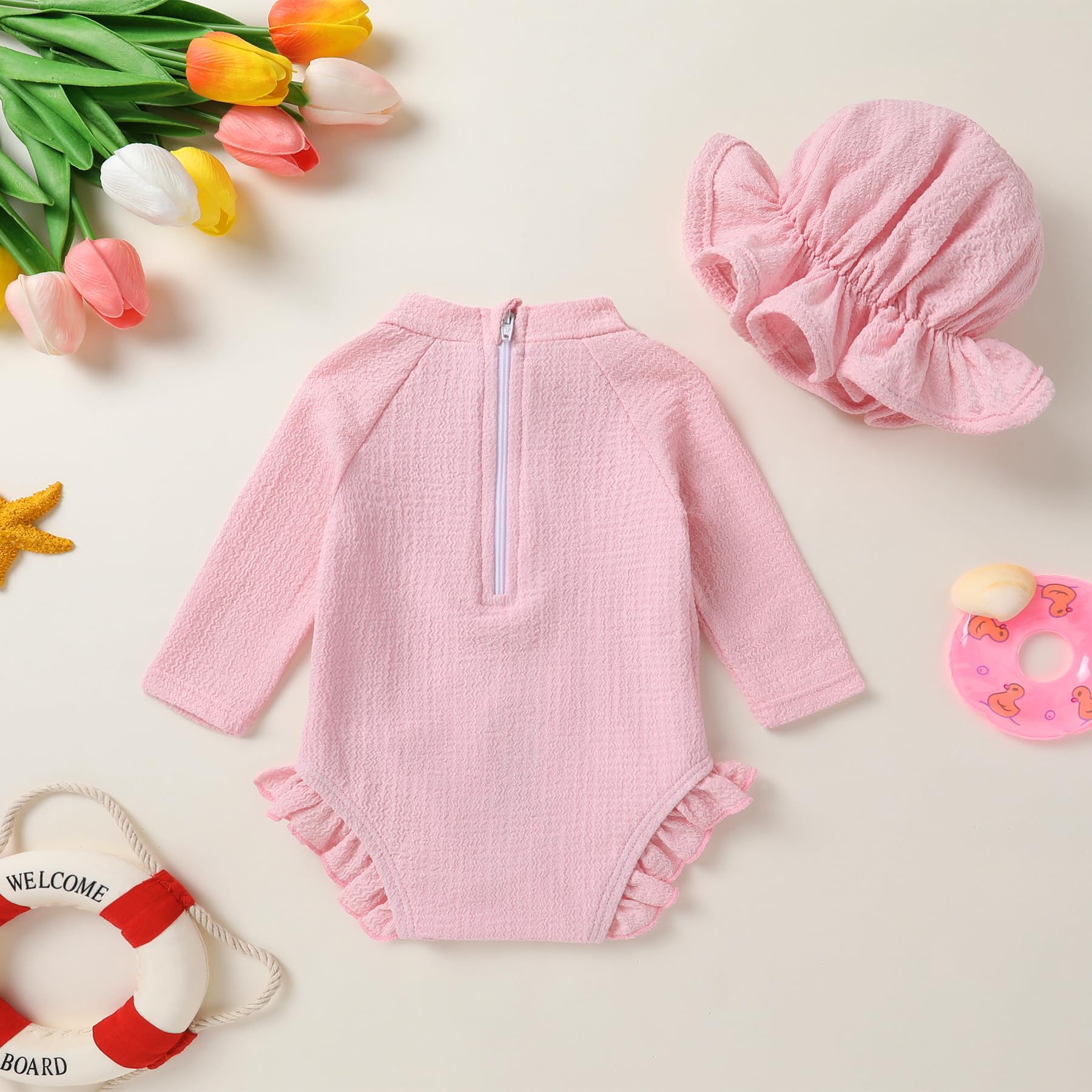 YOUNGER TREE Infant Baby Girls Swimsuit Long Sleeve Swimsuits One Piece Swimsuit Solid Color Bathing Suit with Hat