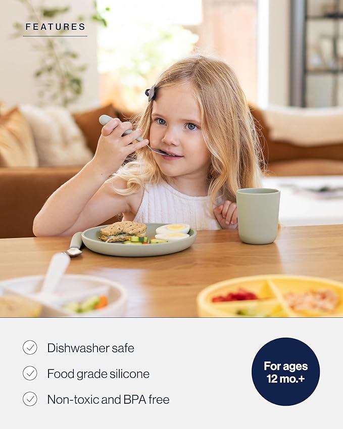 Lalo Big Bites Kids Dinnerware Full Set - Dishwasher Safe, BPA Free, Kids Tableware Set - Includes Stackable Bowl, Plate, Utensils & Cup - 7 Pieces - Lavender