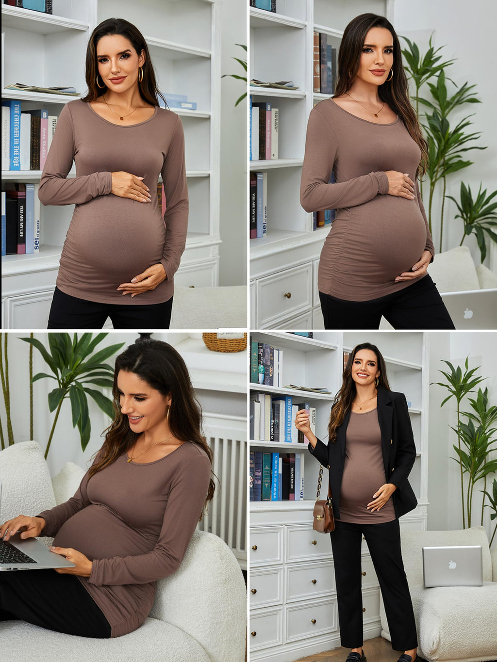 Ecavus Women's 3-Pack Maternity Shirts Long Sleeve Soft Stretchy Pregnancy Tops Side Ruched Casual Mama Clothes