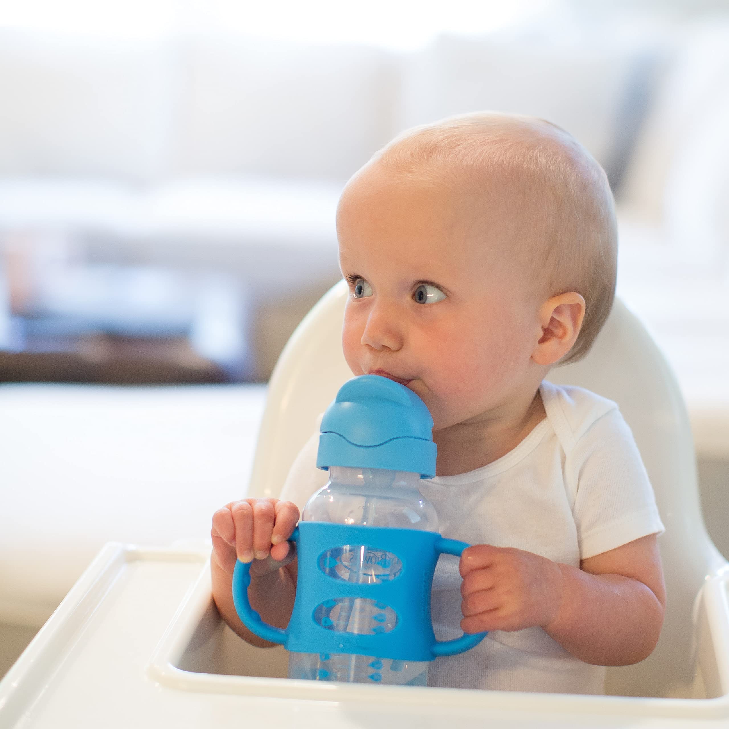 Dr. Brown's Milestones Wide-Neck Sippy Straw Bottle with 100% Silicone Handles and Weighted Straw, 9 oz/270 mL, Gray & Blue, 6m+