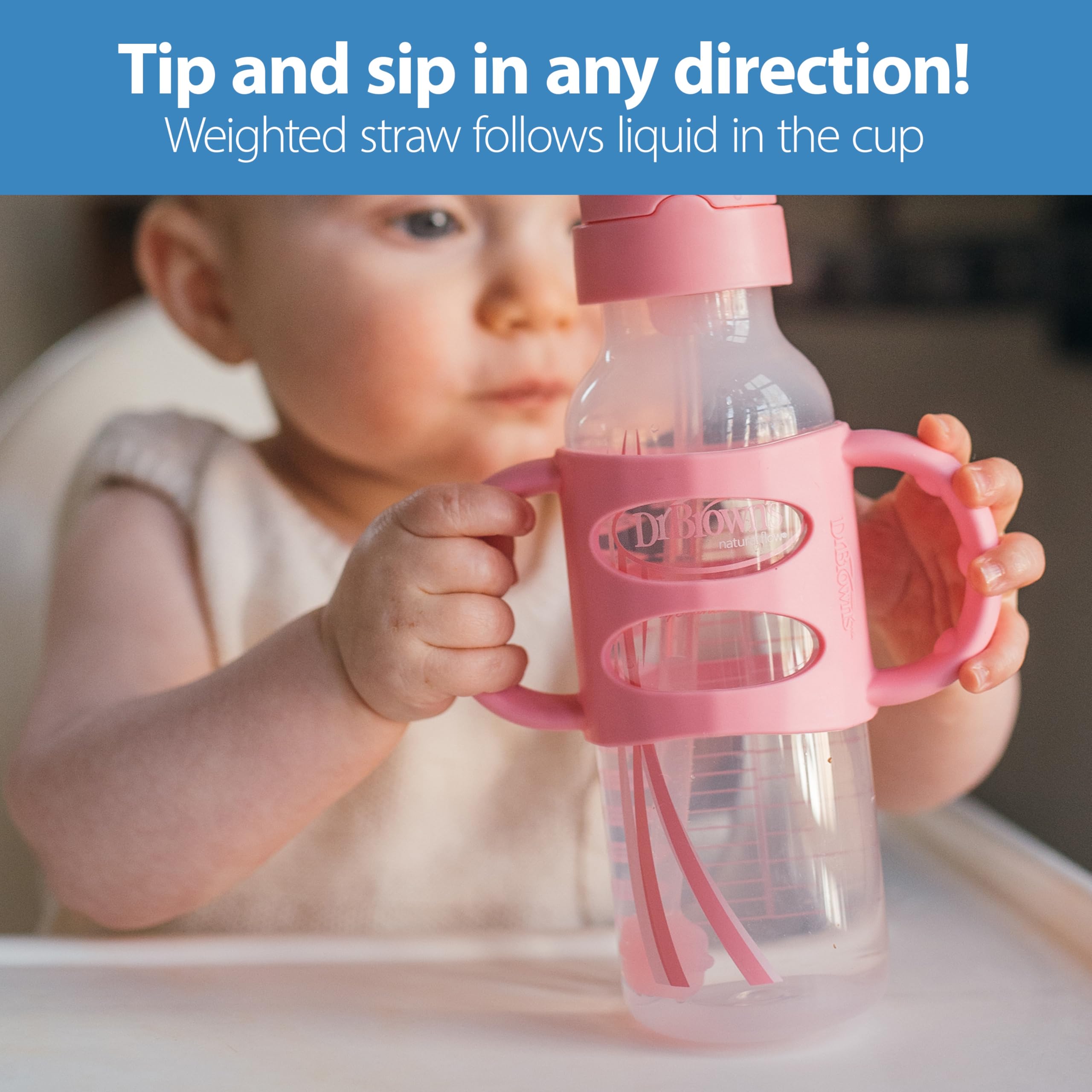 Dr. Brown's Milestones Narrow Sippy Straw Bottle, Spill-Proof with 100% Silicone Handles and Weighted Straw, 8 oz/250 mL, Gray/Pink, 6m+