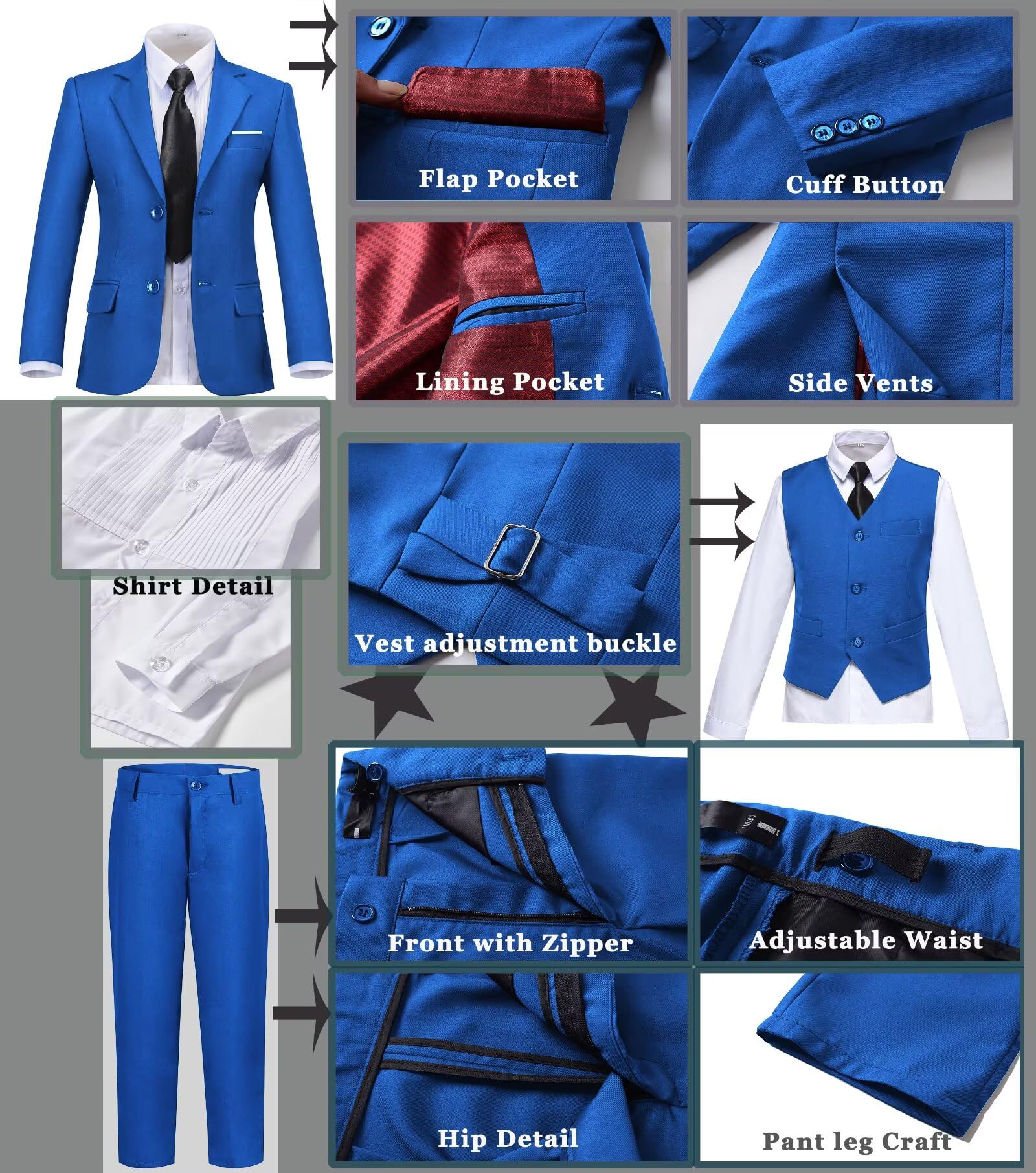 Boy's 6 Piece Suit Classic Fit Suit Set Tuxedo Boy Outfit Royal Blue 16
