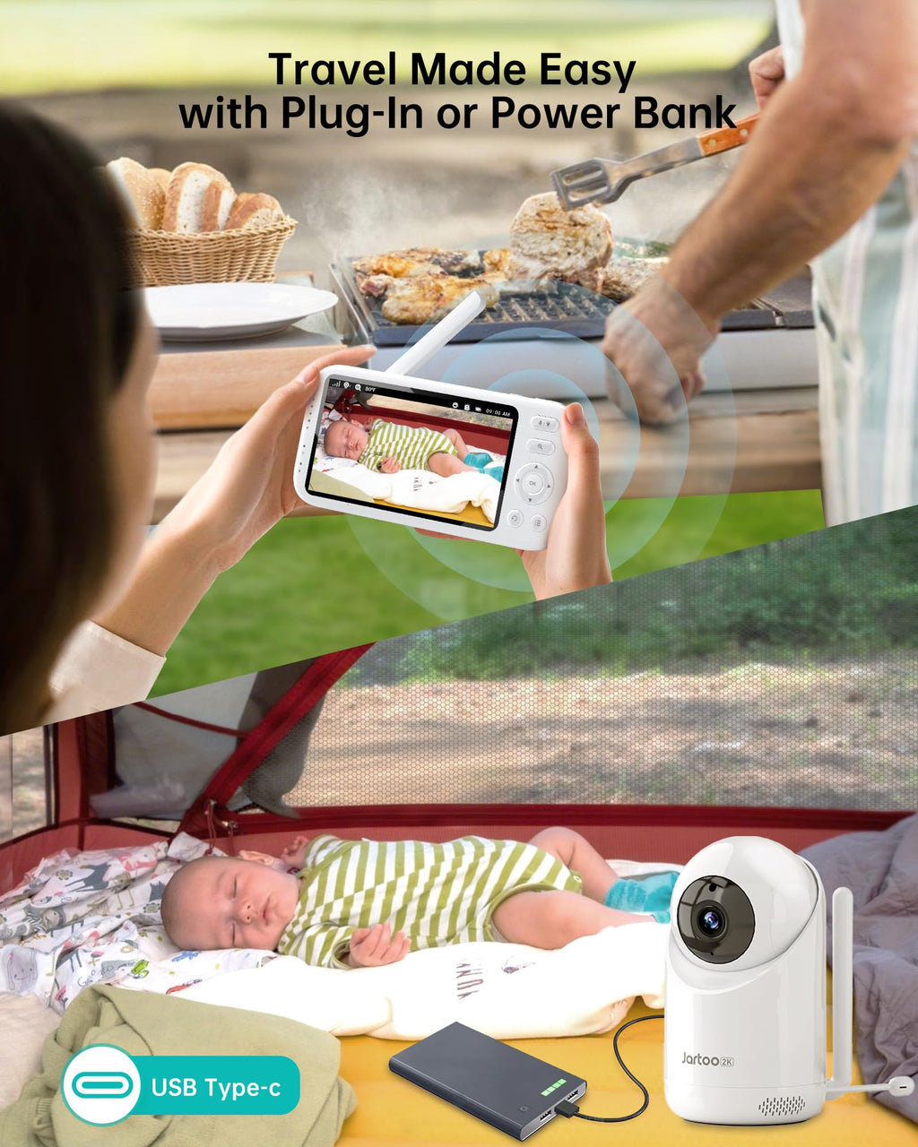 Jartoo 2K Video Baby Monitor with Camera and Audio, 1860ft Long Range Baby Monitor No WiFi 5.5" FHD Screen ANC Baby Camera Wireless, Feeding Clock, Night Vision, 2-Way Talk, AI Cry Detect, 6000mAh
