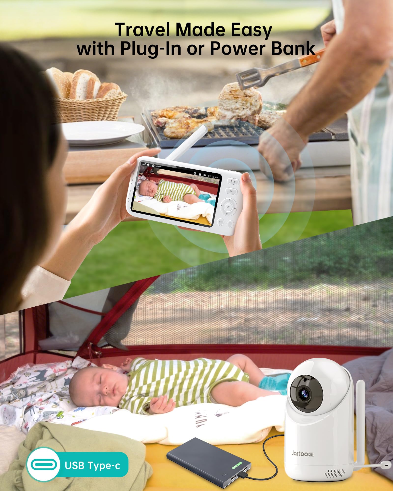 Jartoo 2K Video Baby Monitor with Camera and Audio, 1860ft Long Range Baby Monitor No WiFi 5.5" FHD Screen ANC Baby Camera Wireless, Feeding Clock, Night Vision, 2-Way Talk, AI Cry Detect, 6000mAh
