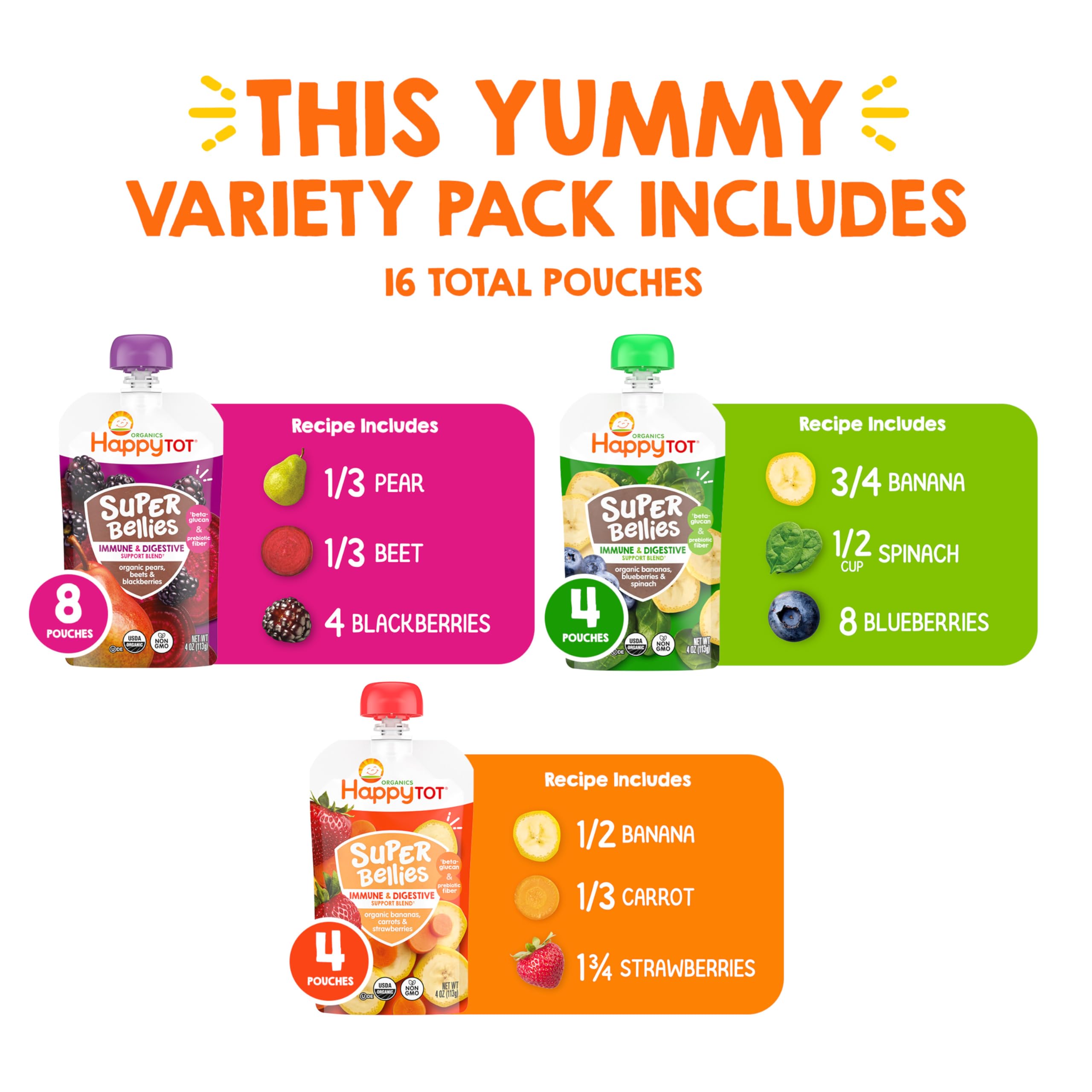 Happy Tot Organics Stage 4 Baby Food Pouches, Gluten Free, Vegan Snack, Super Bellies, Fruit & Veggie Puree, Variety Pack, 4 Ounce (Pack of 16), Amazon Exclusive