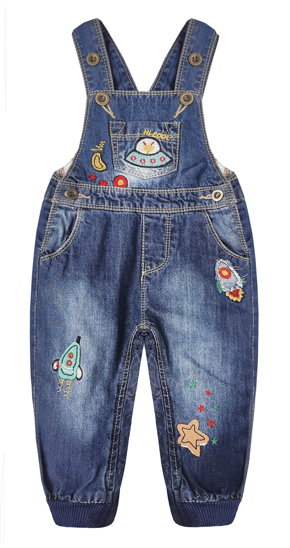 KIDSCOOL Toddler Baby Denim Overalls Striped Patch Jean Bib Romper Jumpsuit