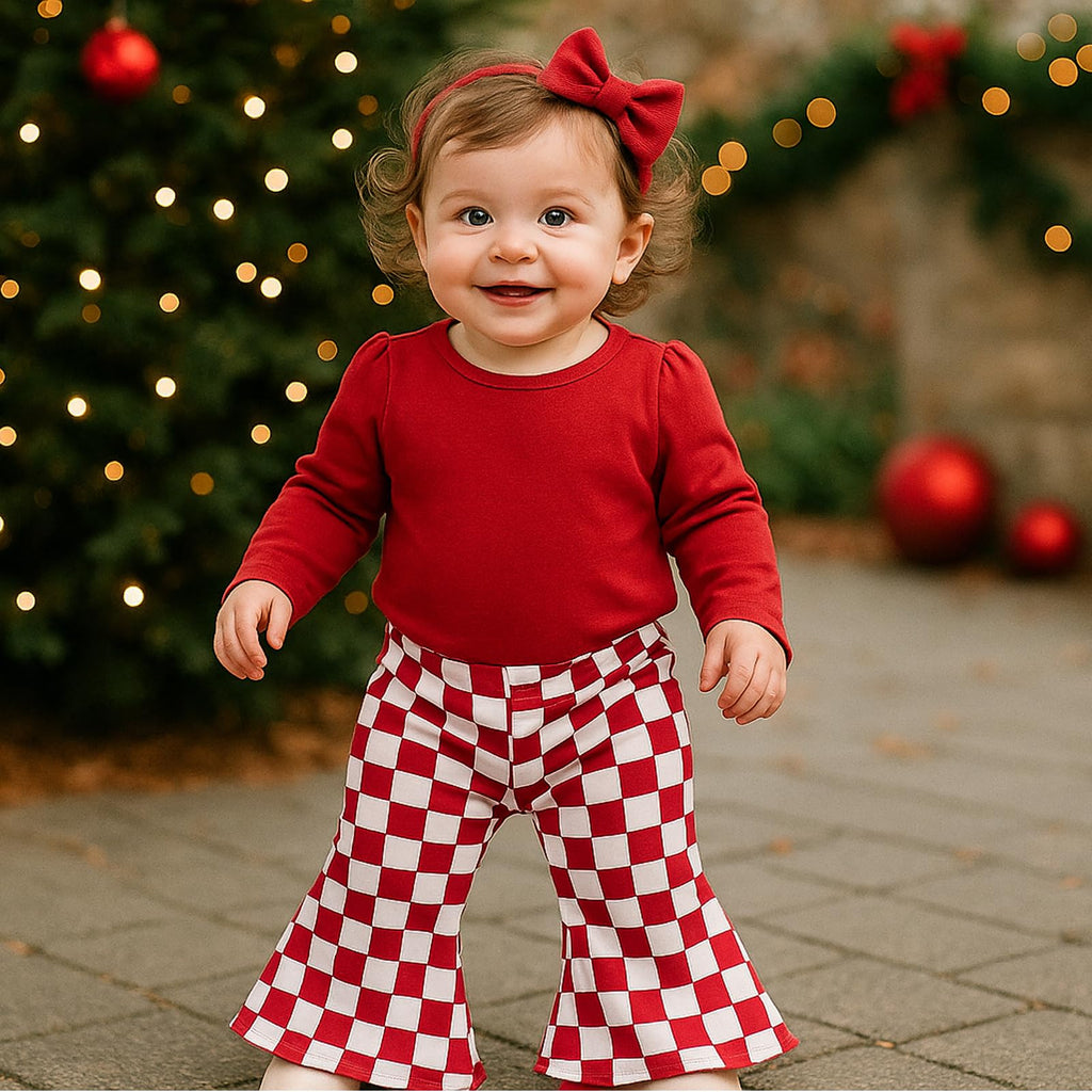 SOBOWO Checkered Baby Girl Flare Pants 3 Pack Toddler Bell Bottoms Plaid Ruffle Leggings Pants Fall Winter Outfits Size 6M-4T(6-9 Months, Black&White Plaid/Red/Red&White Plaid)
