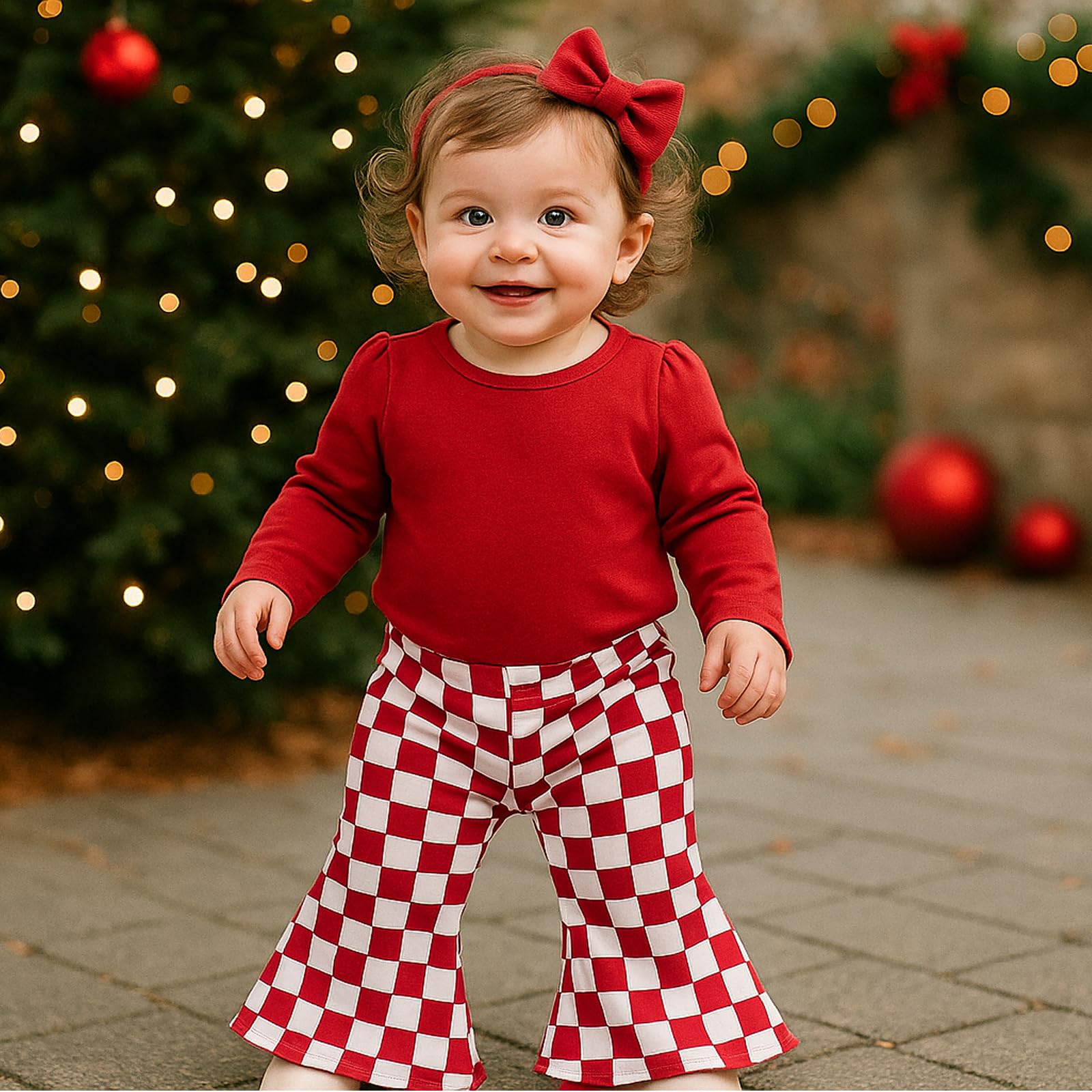 SOBOWO Checkered Baby Girl Flare Pants 3 Pack Toddler Bell Bottoms Plaid Ruffle Leggings Pants Fall Winter Outfits Size 6M-4T(6-9 Months, Black&White Plaid/Red/Red&White Plaid)
