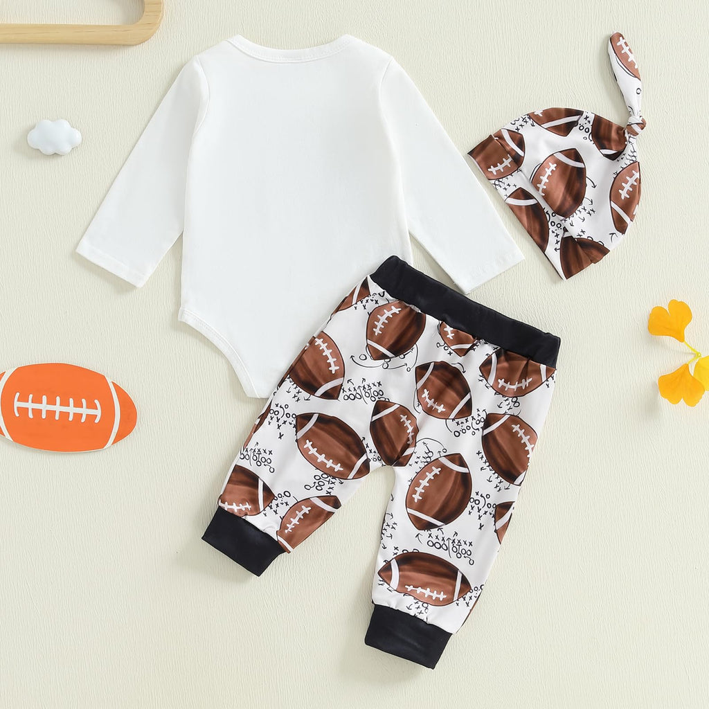 Doqcey Newborn Baby Boy Football Clothes New Player in Town Long Sleeve Romper Long Pants Hat Set Fall Coming Home Outfit (White-A, 6-12 Months)