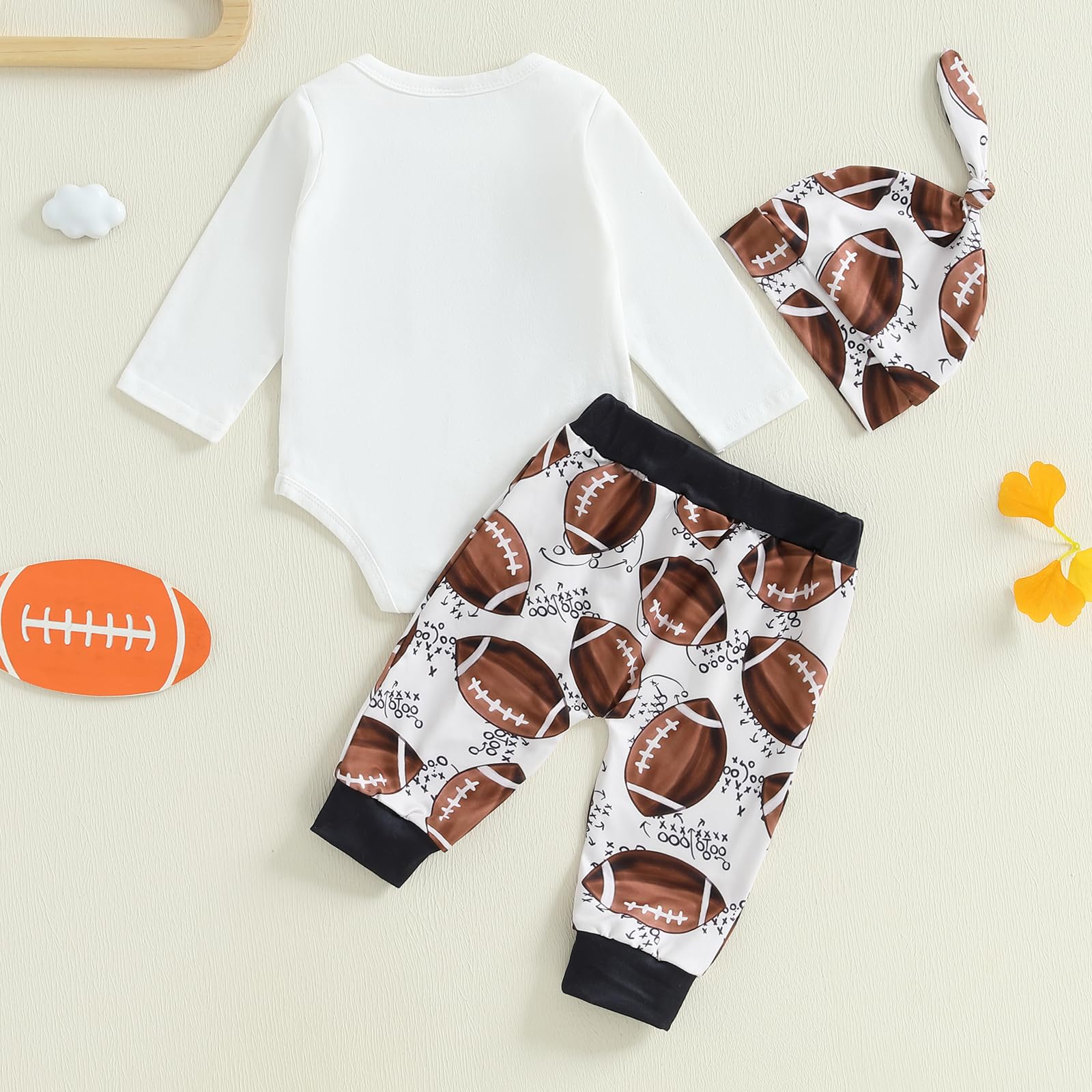 Doqcey Newborn Baby Boy Football Clothes New Player in Town Long Sleeve Romper Long Pants Hat Set Fall Coming Home Outfit (White-A, 12-18 Months)