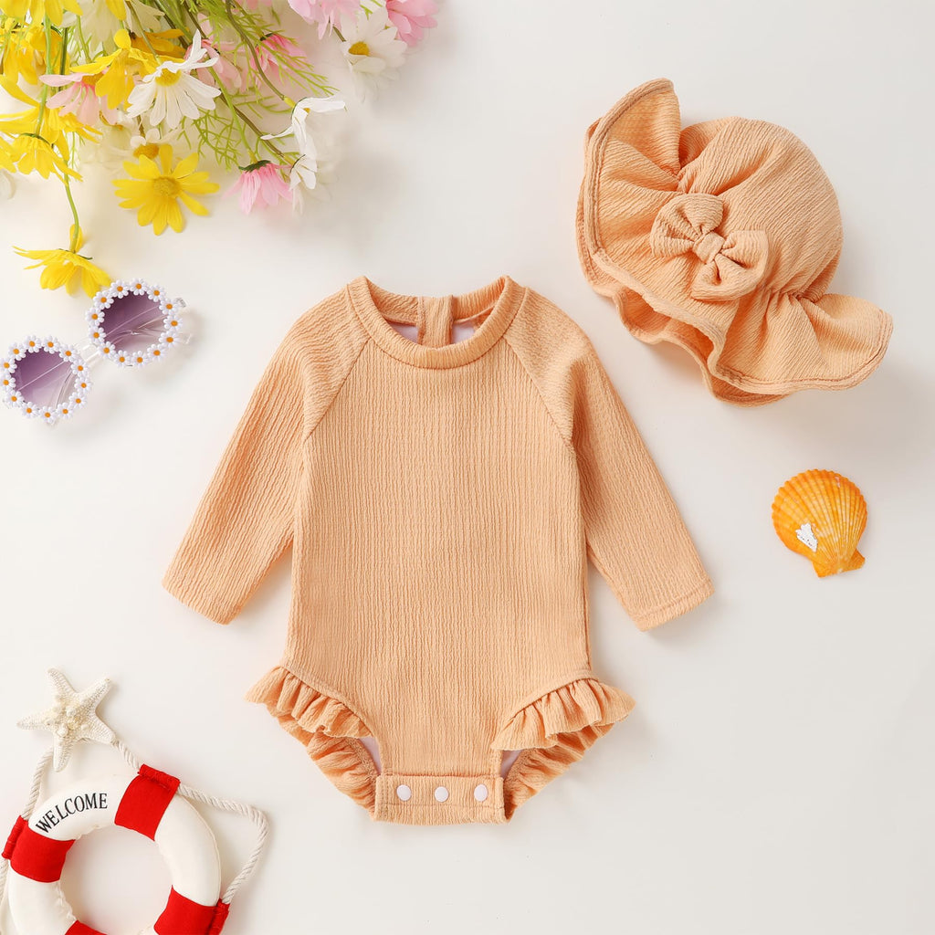 YOUNGER TREE Infant Baby Girls Long Sleeve Swimsuit One Piece Swimsuit Solid Color Bathing Suit with Hat, UPF 50+（Light Orange, 18-24 Months）