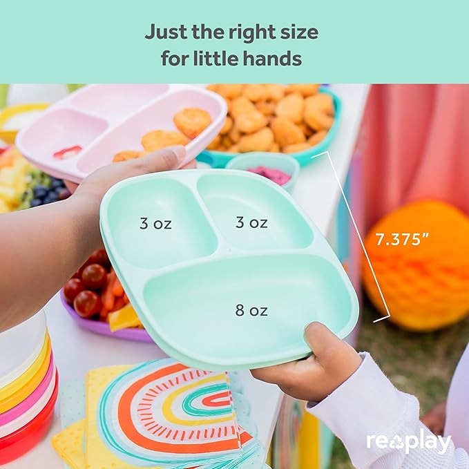 Re-Play Toddler Plates with Dividers - Deep-Walled 3 Compartments Divided Plates for Kids with 3 Lids - Dishwasher & Microwave Safe - Made in USA - Set of 3-7.37" x 7.37" x 1.25" - Monochrome