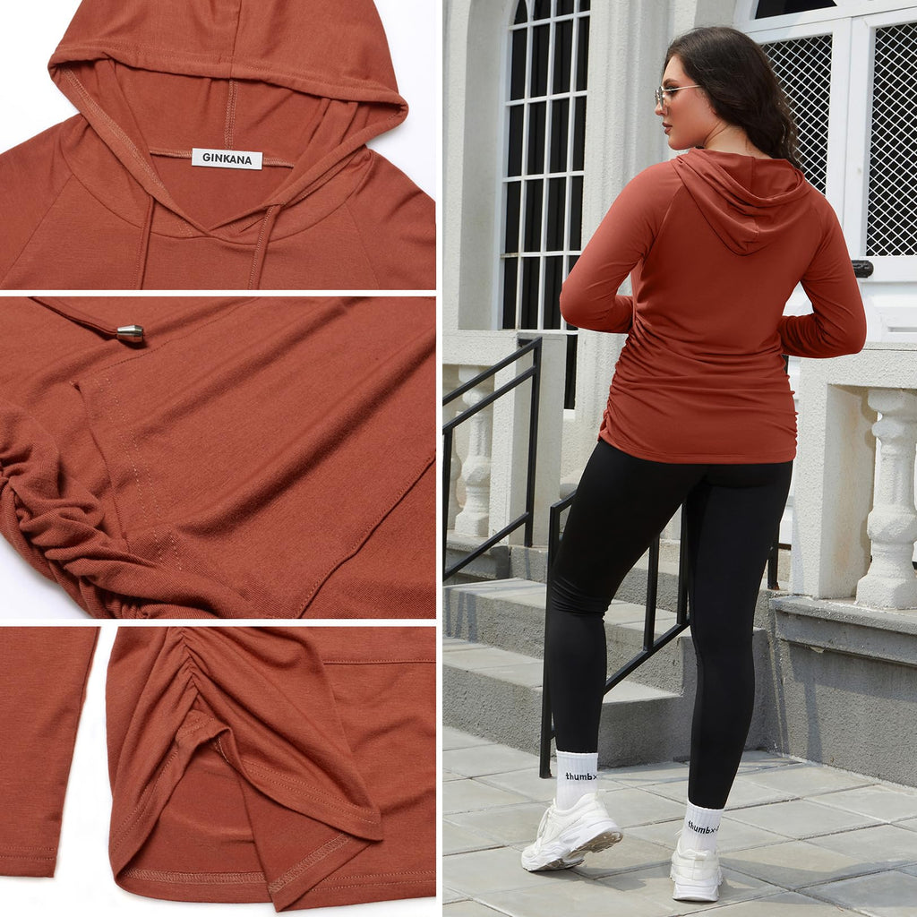 GINKANA Maternity Long Sleeve Hooded Sweatshirt Lightweight Maternity Casual Hoodie Long Sleeve Tunic Top,Caramel,L