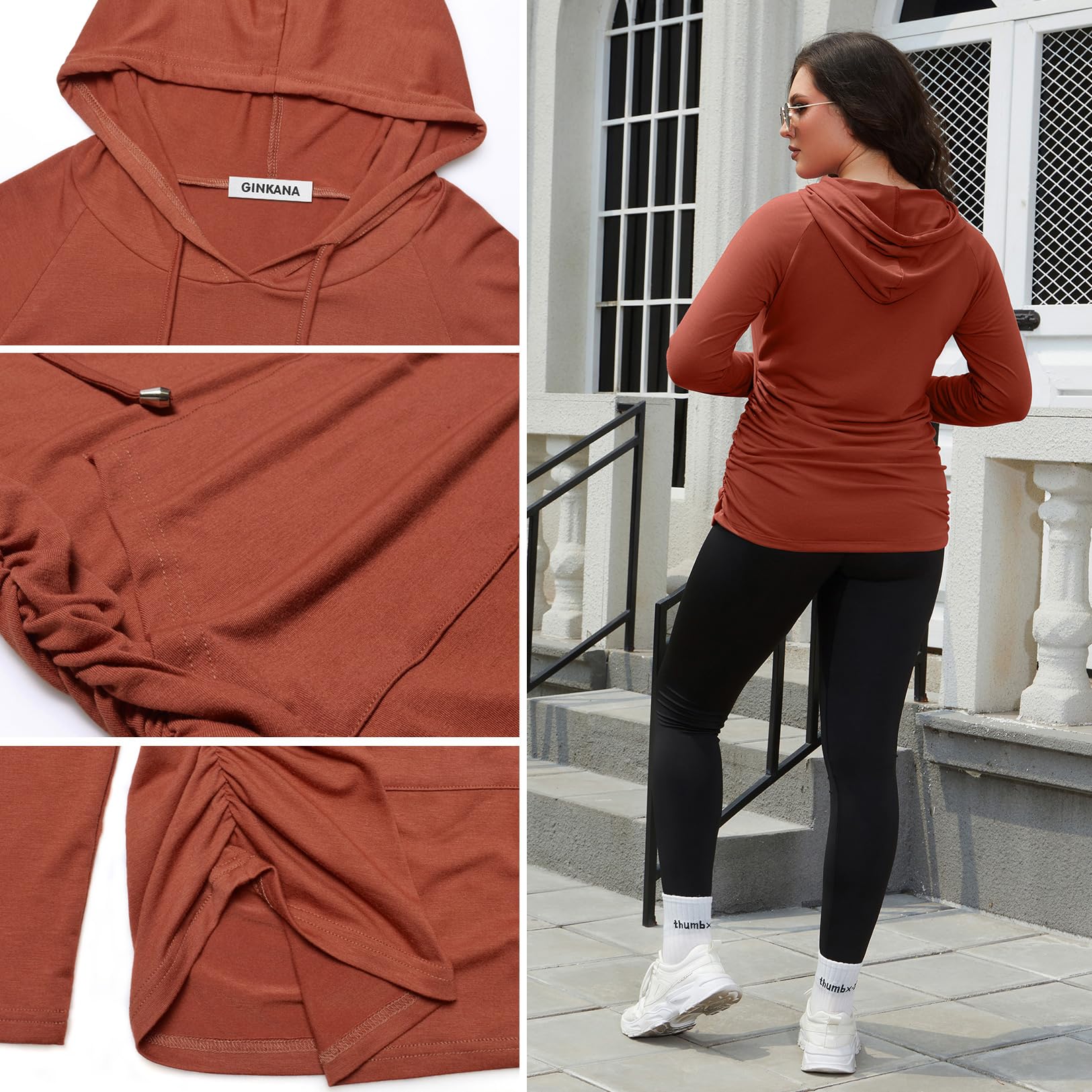 GINKANA Maternity Long Sleeve Hooded Sweatshirt Lightweight Maternity Casual Hoodie Long Sleeve Tunic Top,Caramel,L