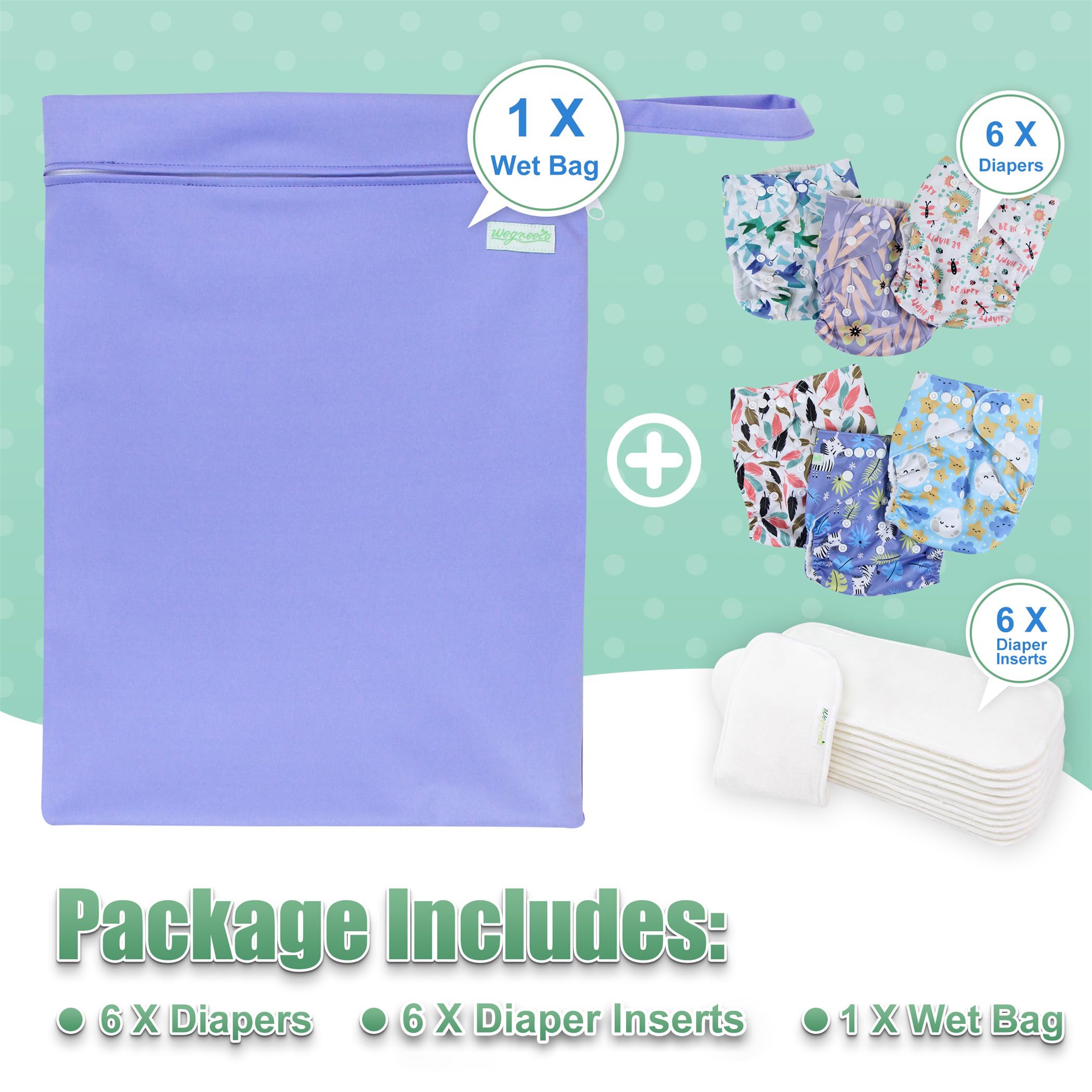 wegreeco Cloth Diapers 6 Pack with 6 Inserts & 1 Wet Bag, Washable Cloth Diapers for Babies, One Size Adjustable Reusable (Leaves, Animals)