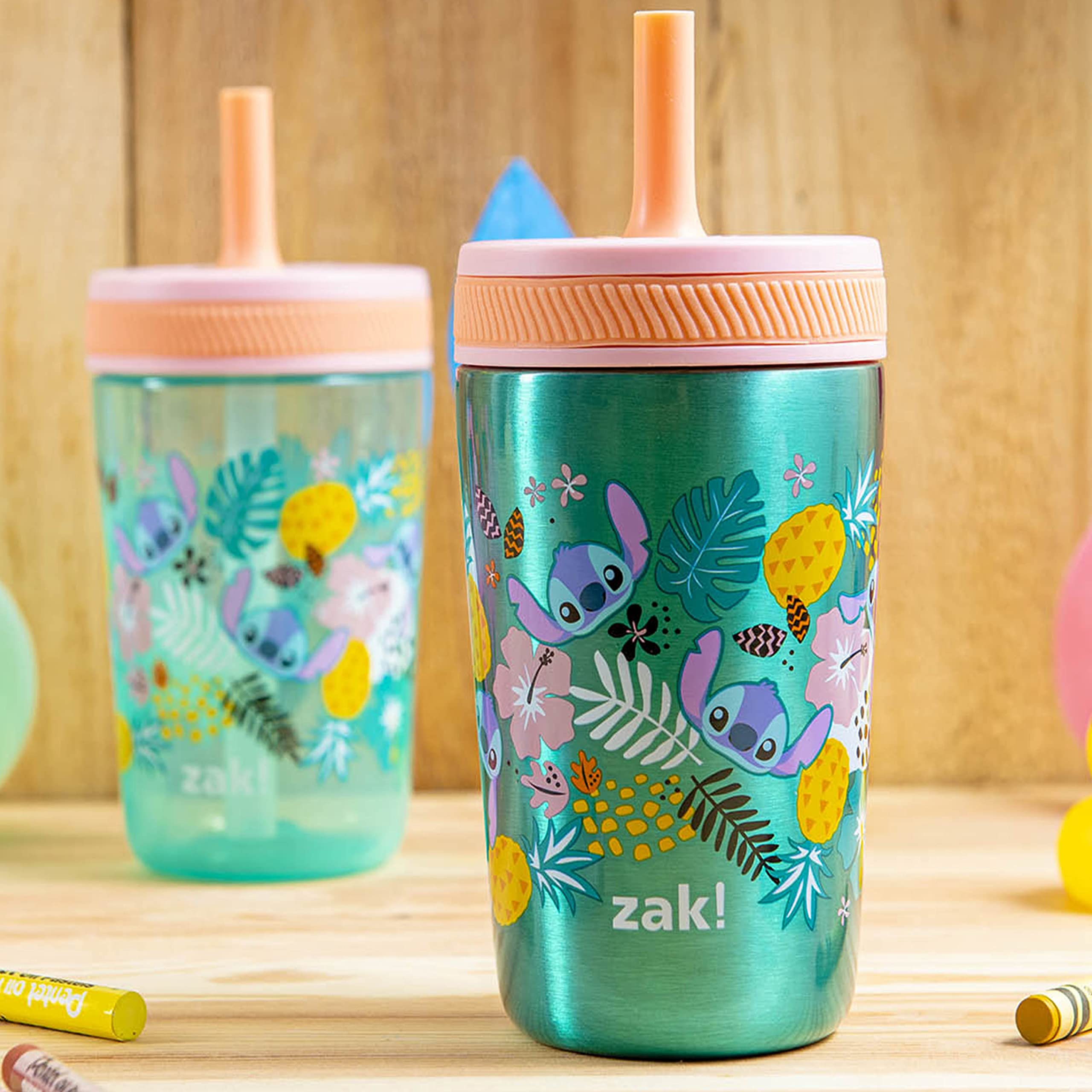 Zak Designs Lilo and Stitch Kelso Leak-Proof Toddler Straw Cups, 3pc Set