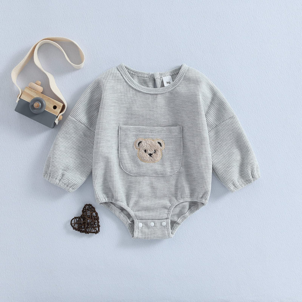 Cute Baby Sweatshirt Romper Waffle Knit Baby Clothes Infant Girl Boy Fall Winter Outfits (Gray, 18-24 Months)