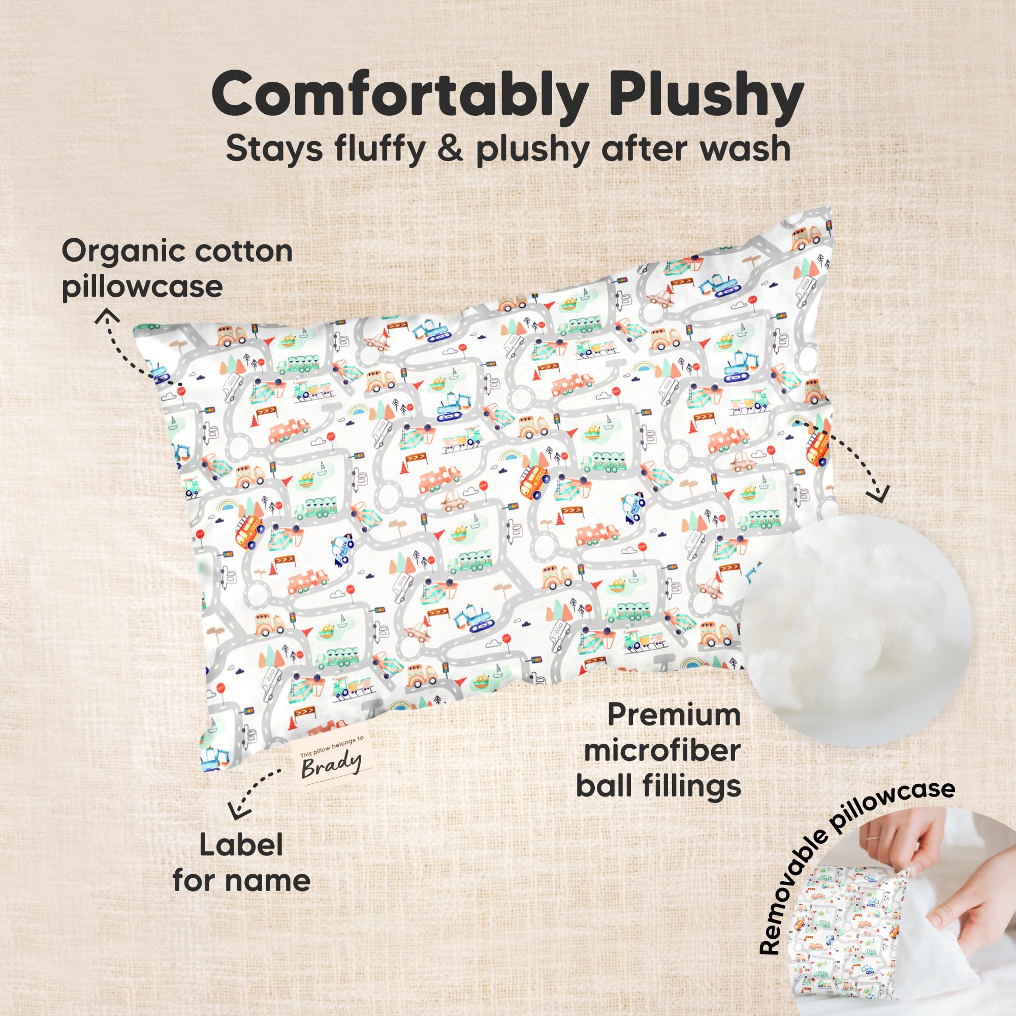 Mini Toddler Pillow with Pillowcase, 9x13 My Little Dreamy Pillow (Roadway)