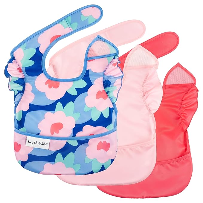 Tiny Twinkle Mess Proof Baby Bibs for Eating – Waterproof, Wipeable Toddler Bibs with Pocket – Baby Food Bibs for Girls & Boys(3 Pack,Blue Floral)