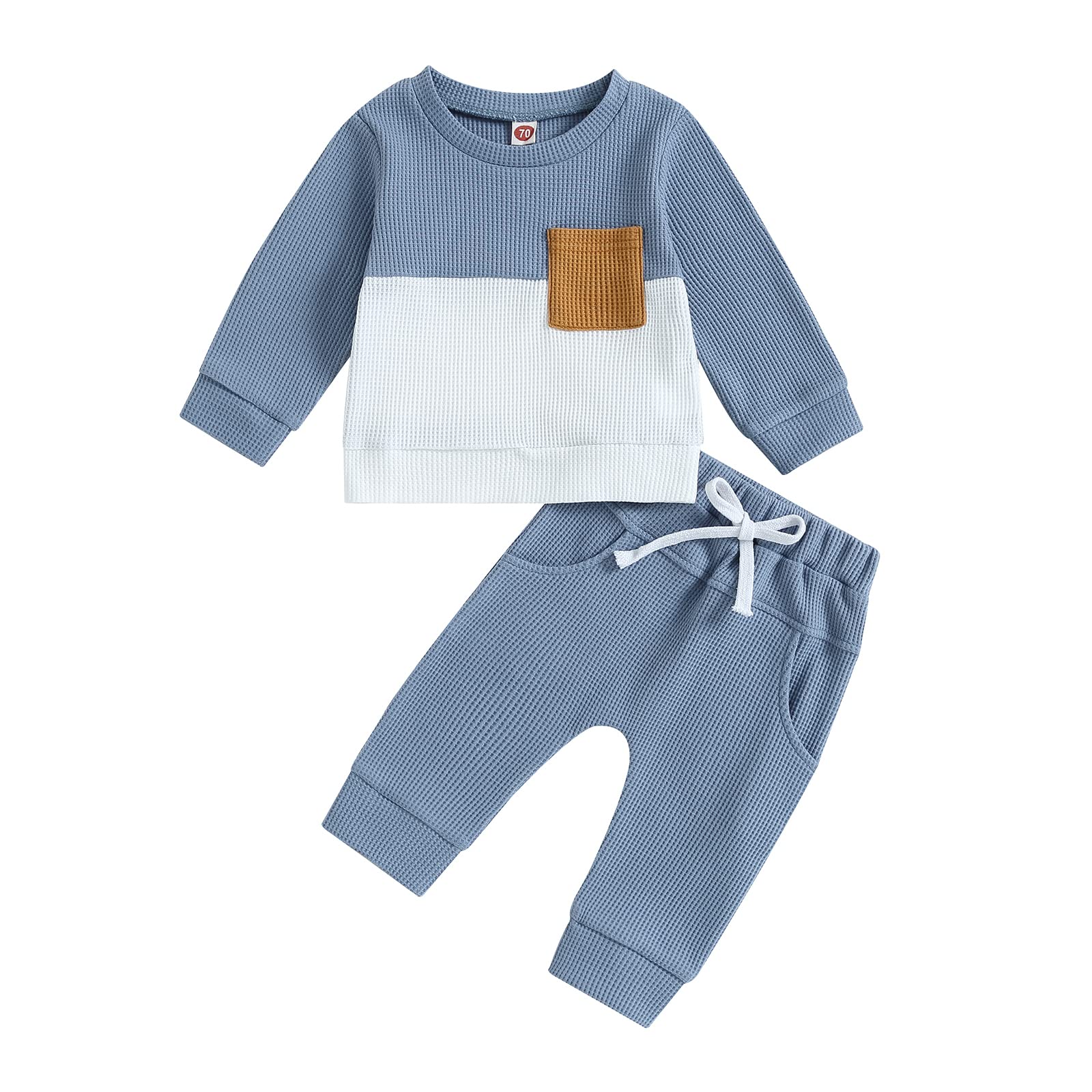 GGBNOMER Toddler Baby Boy Fall Clothes Waffle Contrast Color Sweatshirt Pants Sets Infant Winter Outfits 6 12 18 24 Months (Blue, 6-12 Months)