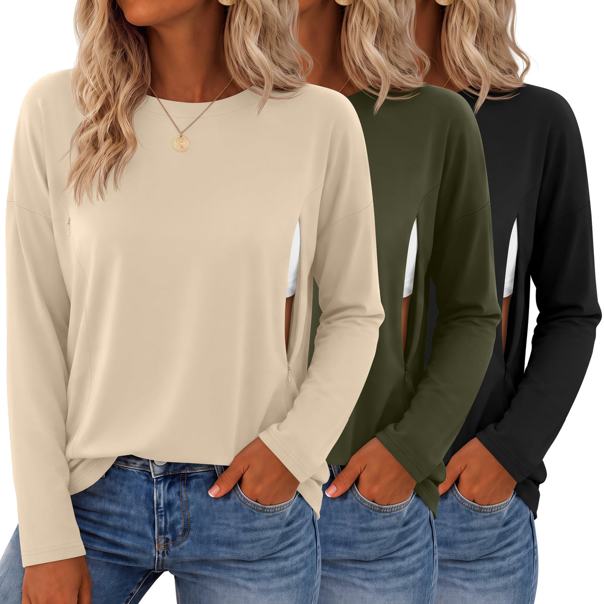 Sweetyweee 3 Pack Nursing Breastfeeding Tops, 3-Color, Medium