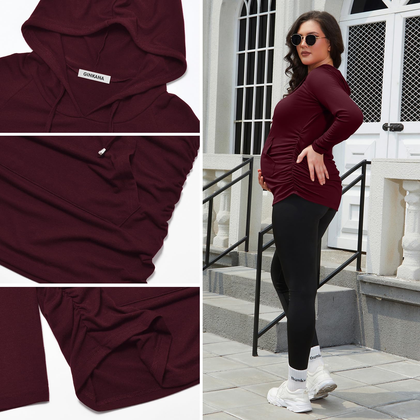 GINKANA Maternity Hoodie Sweatshirt Long Sleeve Basic Top Ruch Sides for Pregnant Women,Burgundy Red,Small