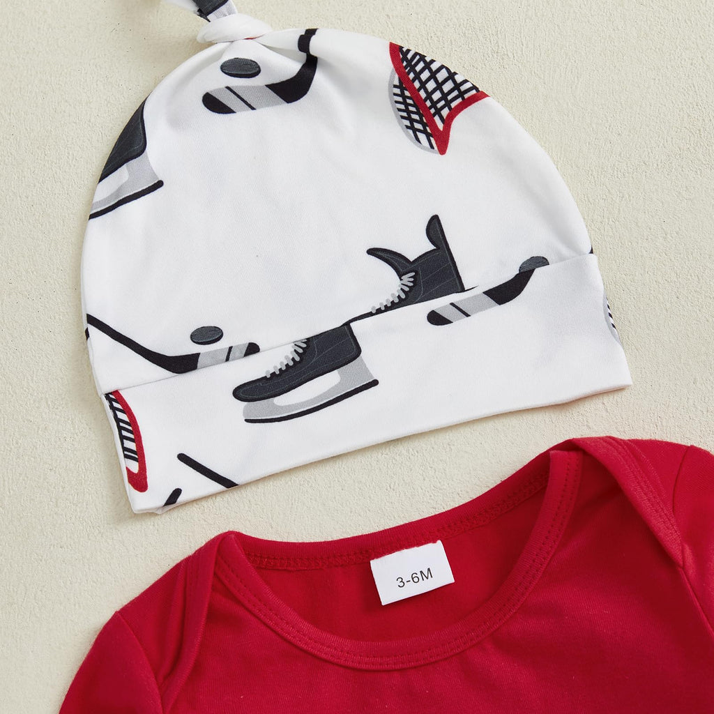 Doqcey Baby Boy Hockey Outfit New Player in Town Long Sleeve Romper Long Pants Hat Set 3Pcs Newborn Fall Winter Clothes (Red, 3-6 Months)