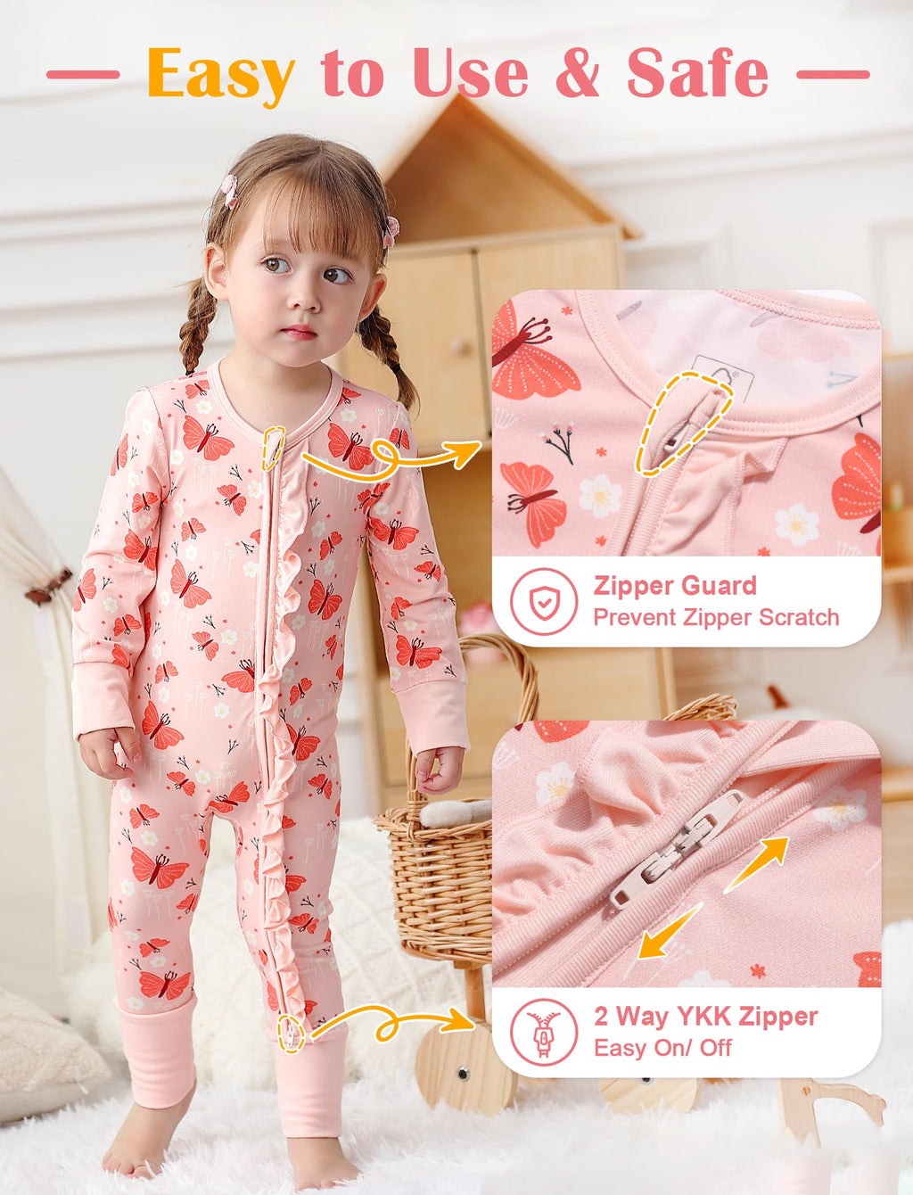 JunNeng Baby Girl Viscose from Bamboo Sleeper Pajamas with Mitten Cuffs 6-12M