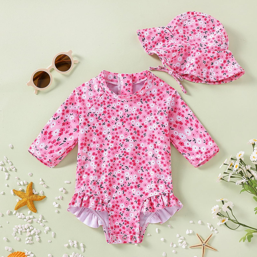 WOLBAY Baby Girl Swimsuit Long Sleeve One Piece Rash Guard with Sun Hat Zipper Bathing Suit Size 0-2T (US, Age, 3 Months, 6 Months, Pink)