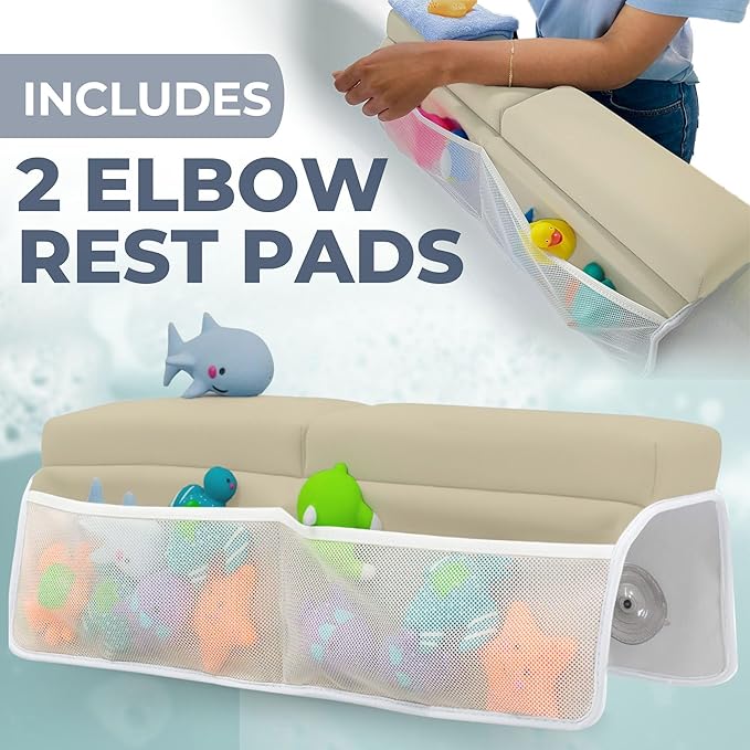 Comfortable Baby Bath Kneeler and Elbow Rest Pad Set – Thick Memory Foam Bath Kneeling Pad with Elbow Support – Baby Bathtub Cushion with Toy Organizer for Bathing Infant or Toddler - Beige