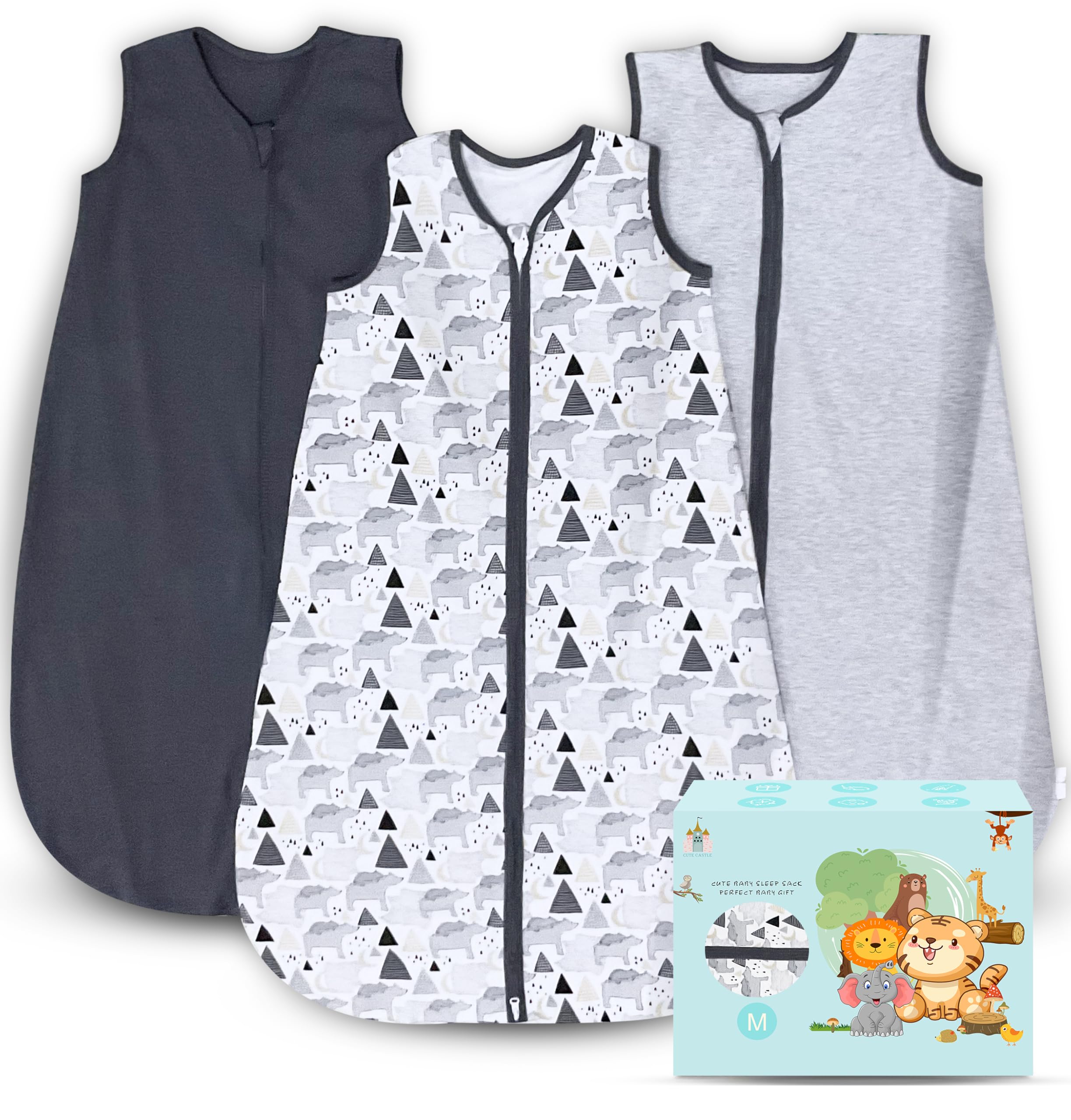 Cute Castle Baby Sleep Sack 6-12 Months - Lightweight 100% Cotton 2-Way Zipper TOG 0.5 Infant Wearable Blanket, Newborn Essentials Toddler Sleep Clothes, 3 Pack(Dark gray, Light gray, Bear)