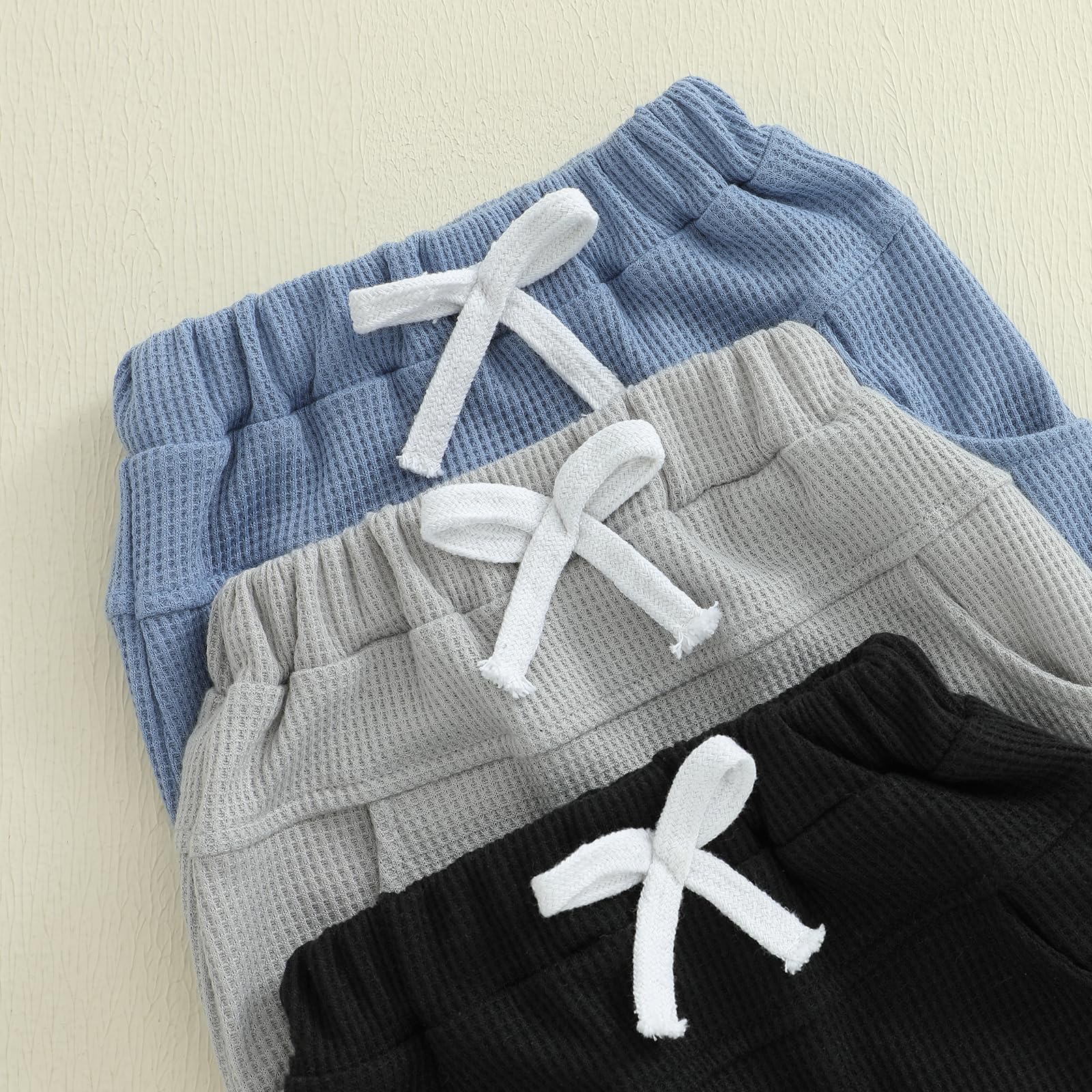 Sejardin Toddler Baby Boy Girl Pants 3 Pack Solid Color Elastic Waist Jogger Sweatpants Newborn Infant Casual Bottoms (Waffle Blue Gray Black, 18-24 Months)