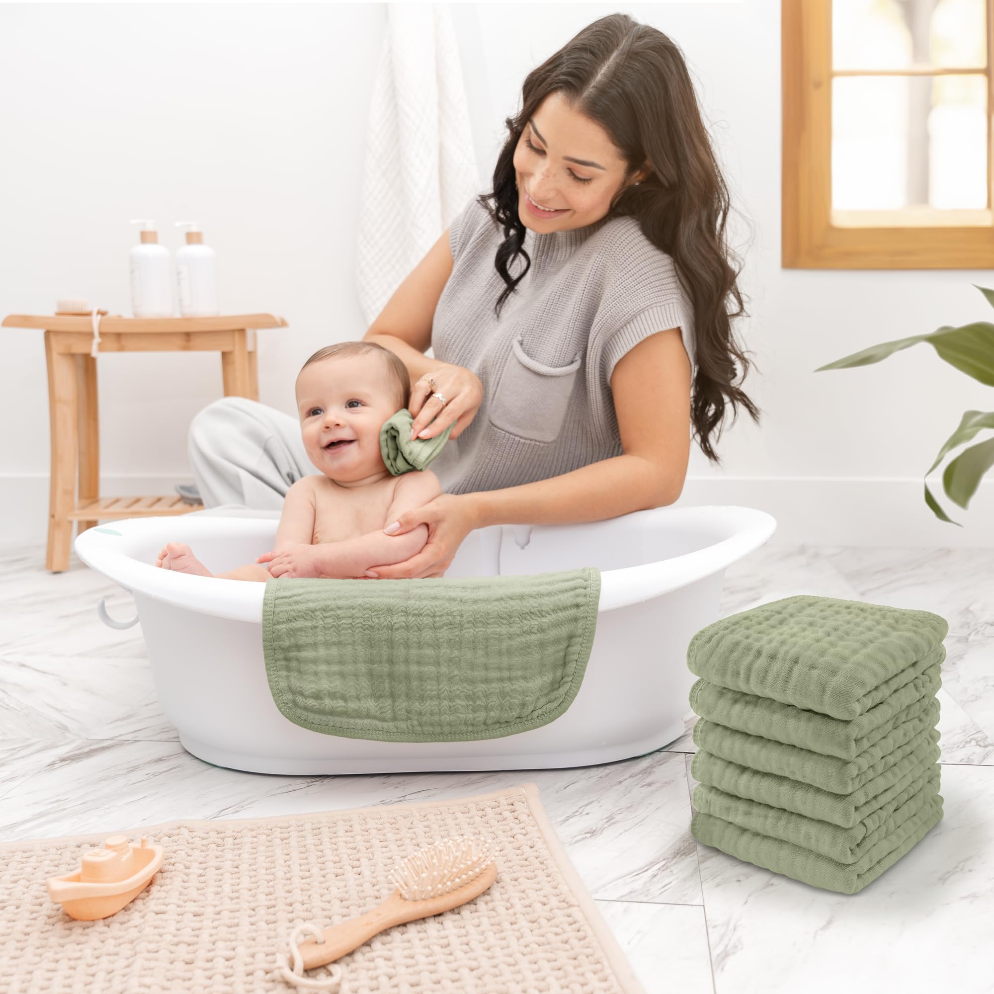 Comfy Cubs Muslin Baby Washcloths 10 Pk - Cotton Wash Cloths - Sage