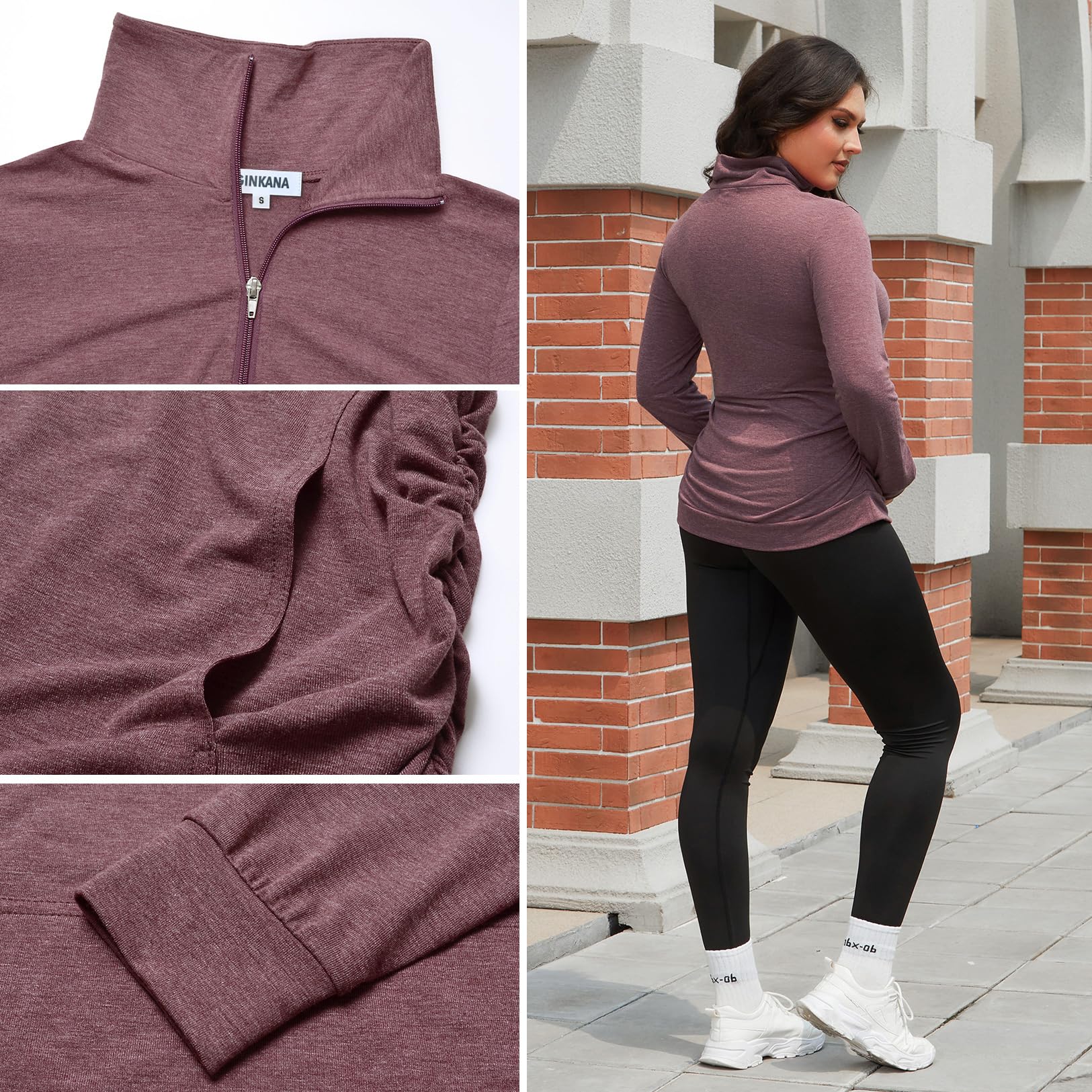 GINKANA Women's Maternity Sweatshirt Long Sleeve Kangaroo Pocket Shirt Casual Pregnancy Lapel Sweatshirt Half Zipper Tops,Burgundy+Green,M