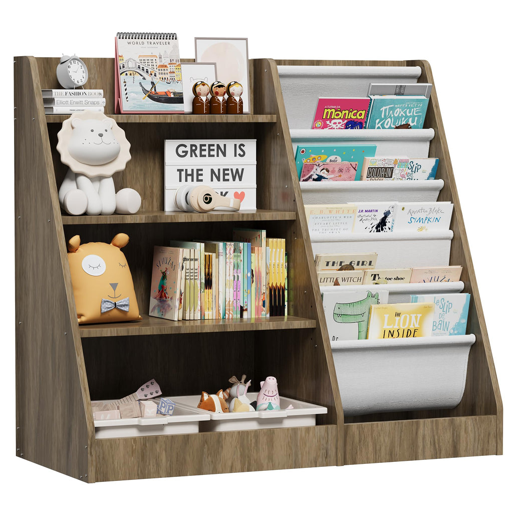 4 Tier Kids Bookshelf Wooden, Five Layer Sling Children Bookcase, Baby Toddler Storage Book Rack, Book and Toy Organizer Cabinet Chest, Book Display Shelf Stand, Playroom Nursery Classroom Library