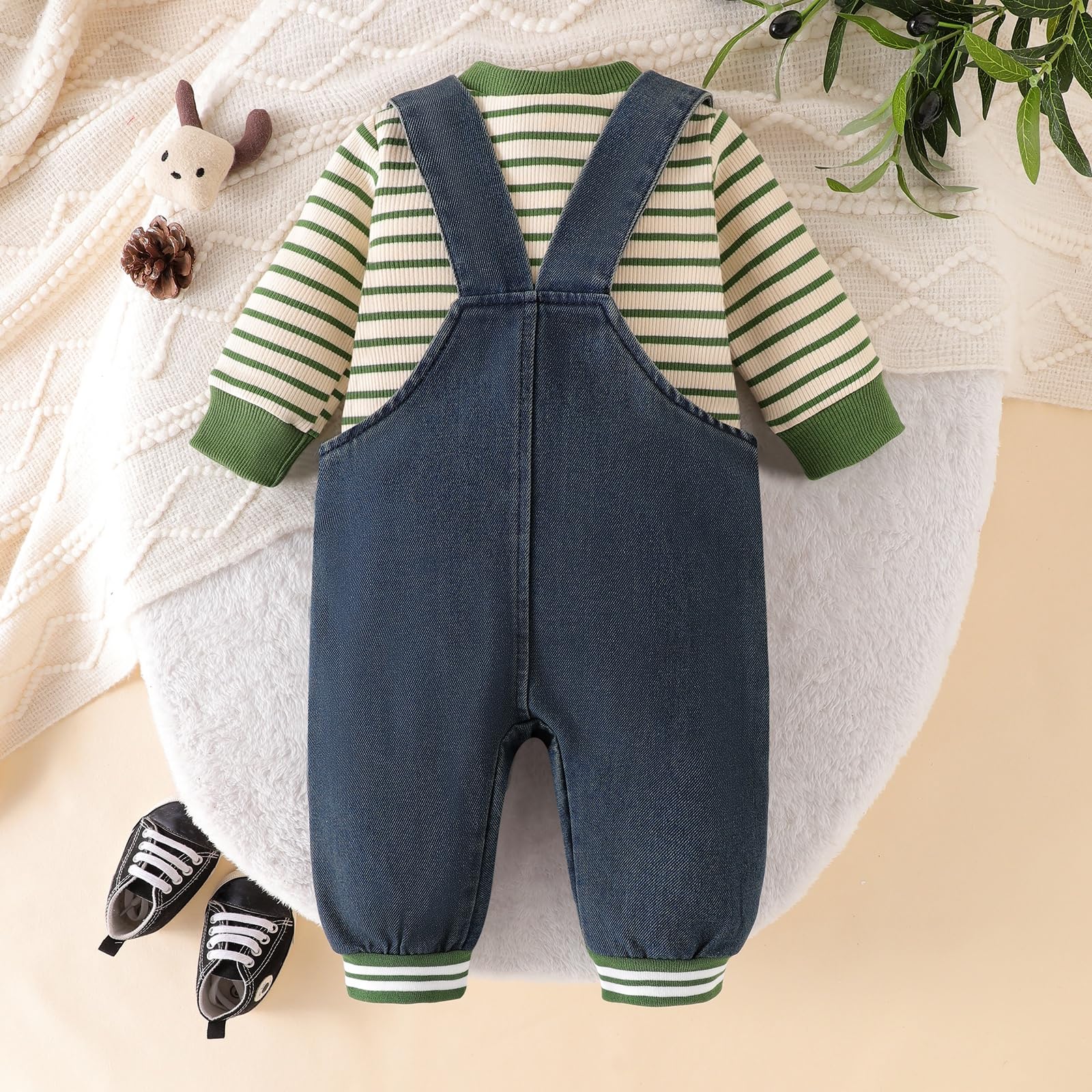 9-12 Month Boy Clothes Baby Fall Winter Outfits Infant Long Sleeve Striped Romper Cute Dog Cartoon Button Jeans Overalls Pants Set Green 9-12 Months