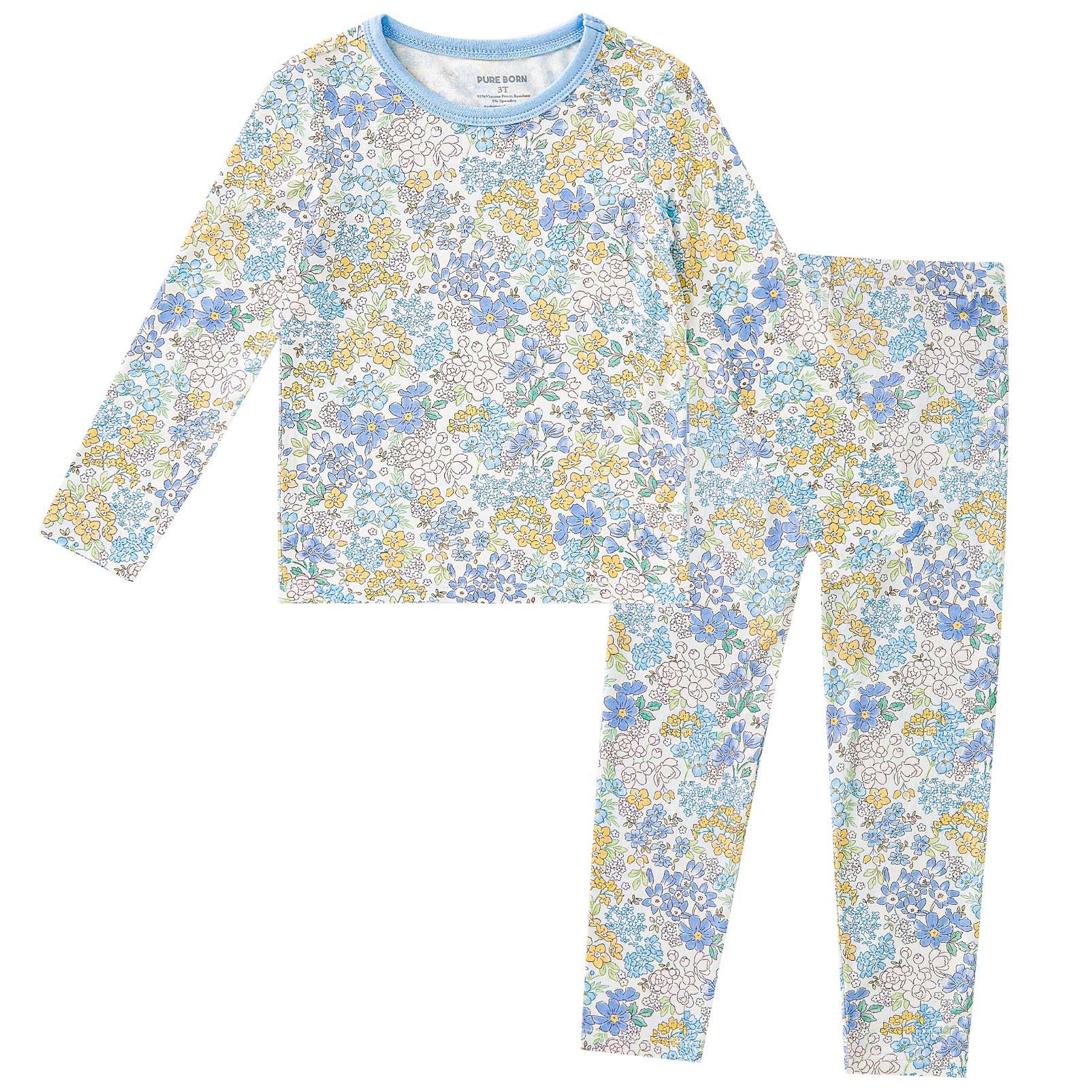 pureborn Toddler Viscose From Bamboo Pajamas Set Pjs - Little Girl Long Sleeve Snug Fit Soft Sleepwear 2pcs Blue Floral 4-5T