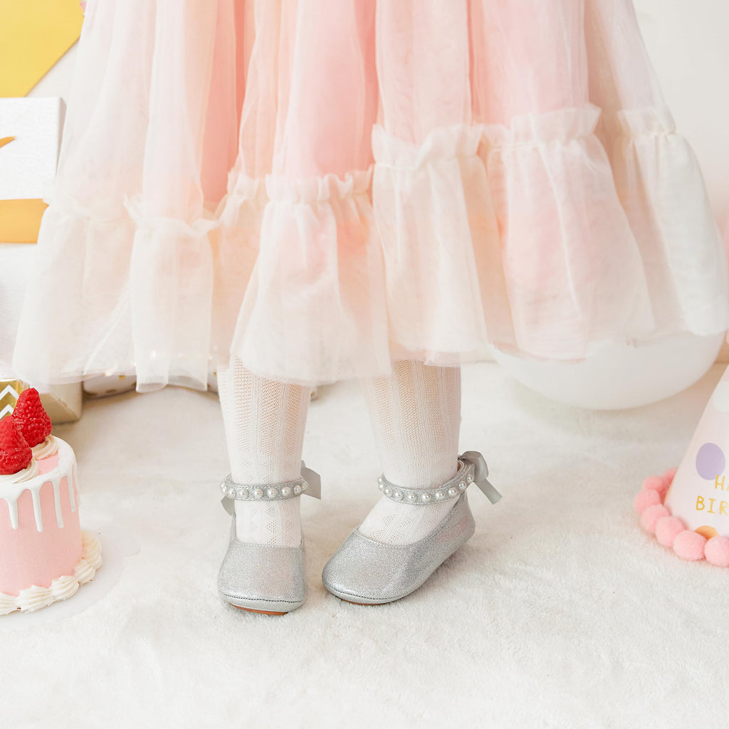 PHIRAMIN Baby Girls Glitter Silver Mary Jane Flats - Infant 18-24 Months Walking Shoes Soft Rubber Sole Princess Wedding