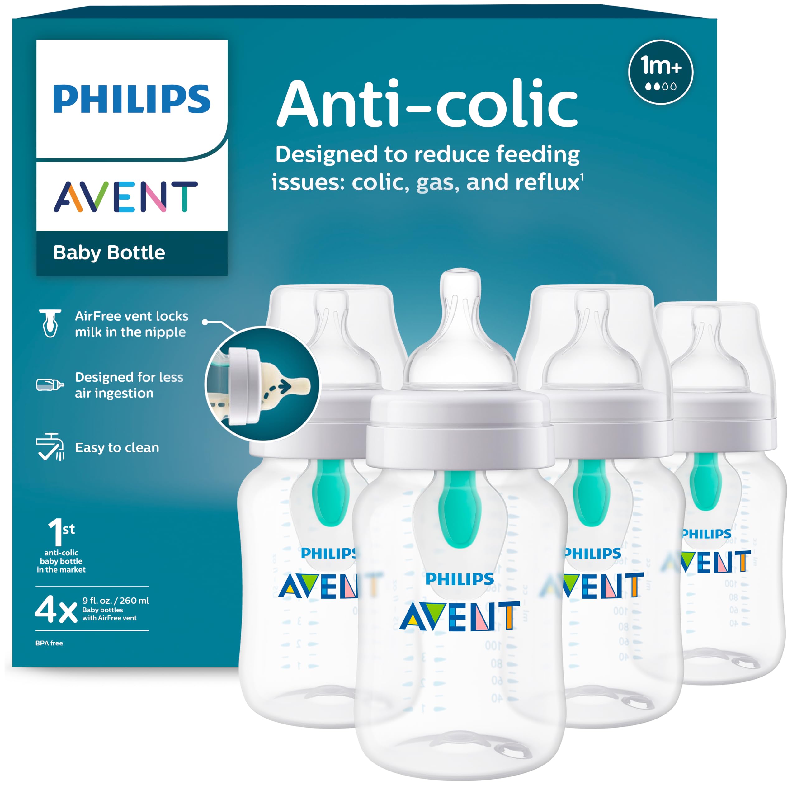 Philips Avent Anti-Colic Baby Bottle with AirFree Vent, Medium Flow, 9 oz