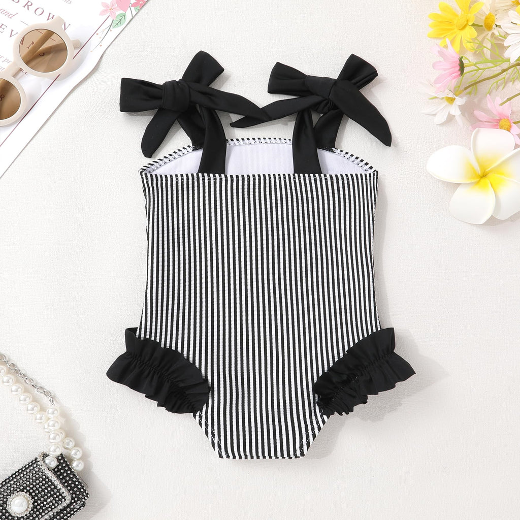 Happy Town Toddler Swimsuit Girl Solid Color Stripe One-Piece Baby Bathing Suits (Black Stripe, 3-4 Years)