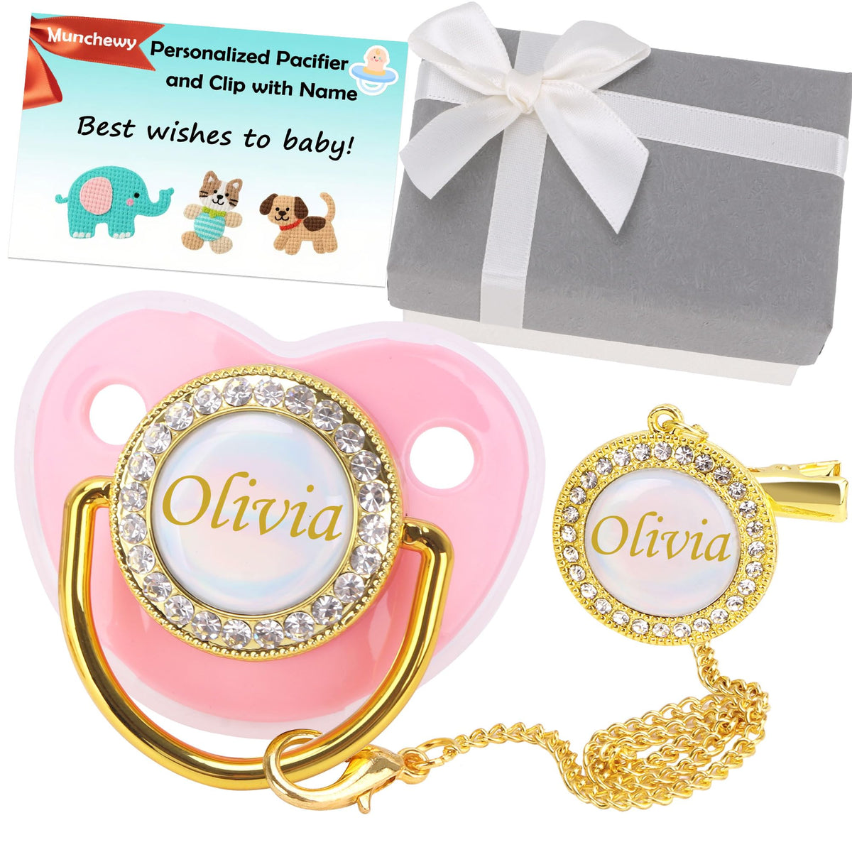 Munchewy Custom Baby Pacifier with Name and Clip for Newborns(White)