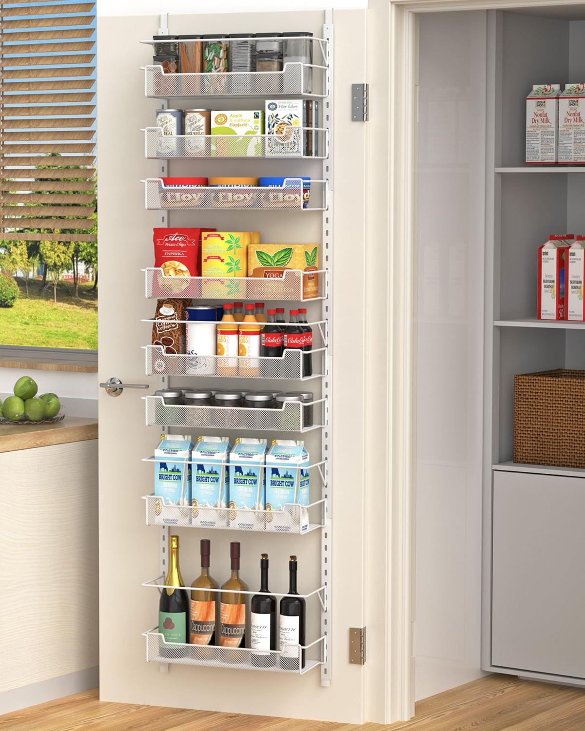 VyGrow 12.3" W Narrow Over the Door Pantry Organizer, 8-Tier Over the Door Organizer with Adjustable Basket, Pantry Door Organization for Pantry Kitchen Storage Room Spice Rack, White