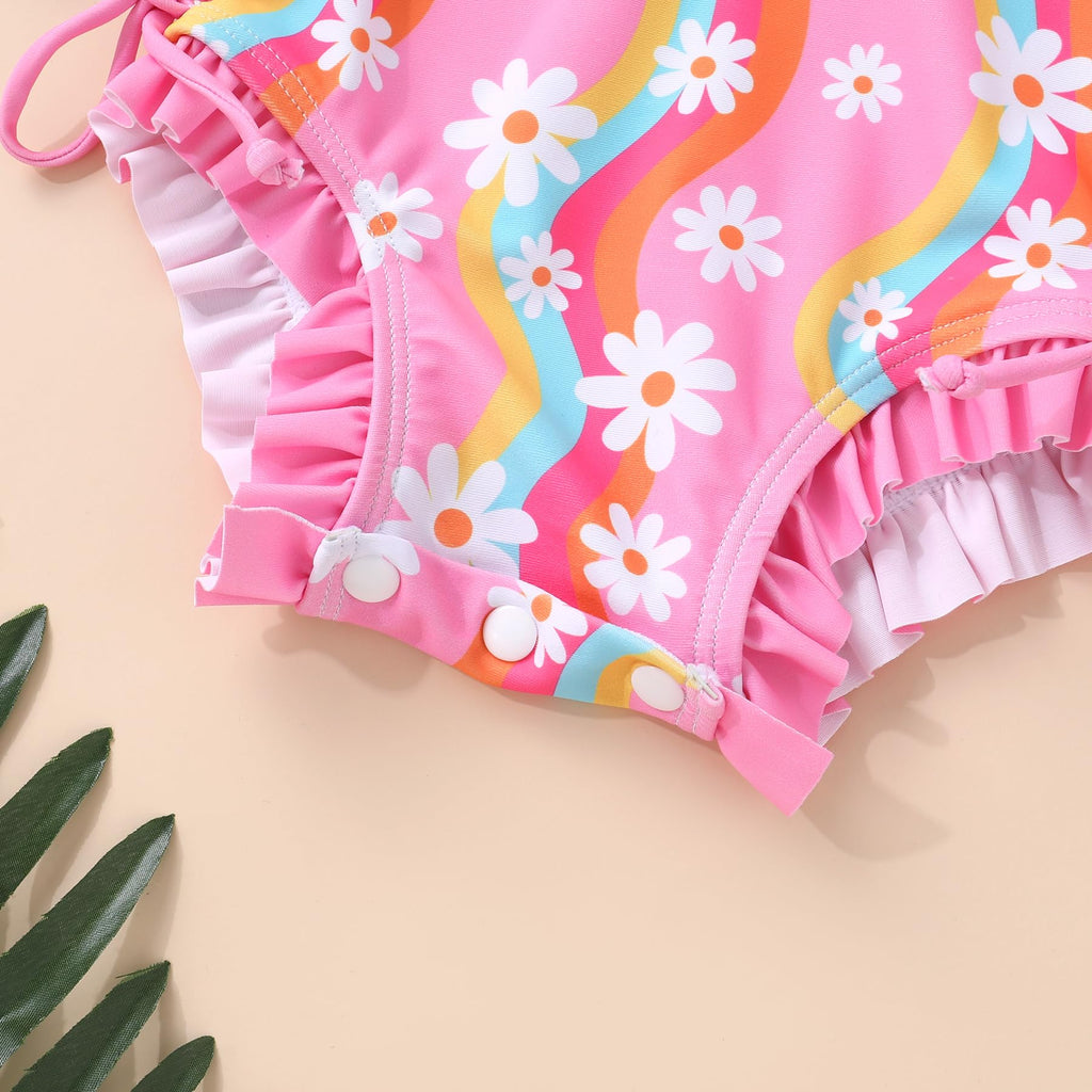 Infant Baby Girl Swimsuit One-Piece Long Sleeve Rash Guard with Hat Set Floral Zipper Bathing Suit Leopard Beach Wear