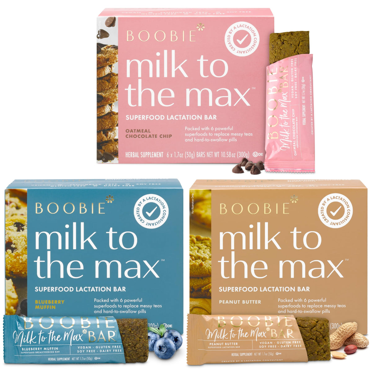 Boobie Bar Superfood Lactation Bar Variety Pack, Lactation Snacks for Breastfeeding Moms to Promote and Increase Milk Supply, Fenugreek-Free, Gluten-Free, Dairy-Free, Vegan (18 Bars, 3 Flavors)
