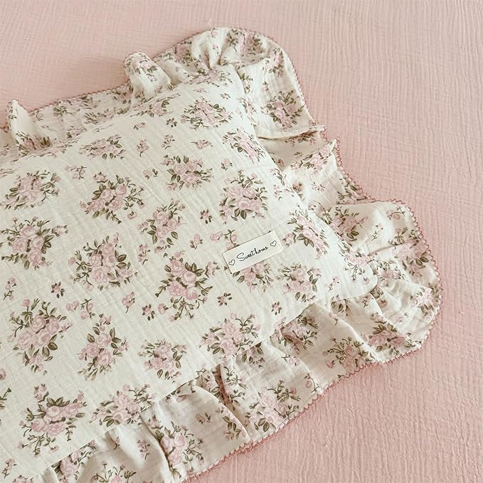 AOJIM Pink Floral Kids Toddler Pillowcase 1 Piece Super Soft Muslin Cotton Bedding Pillowcase with Ruffle Edges, Durable Nursery Pillowcase Aesthetic Print Kids Pillow Cover for Room Decor, 14x20 Inch