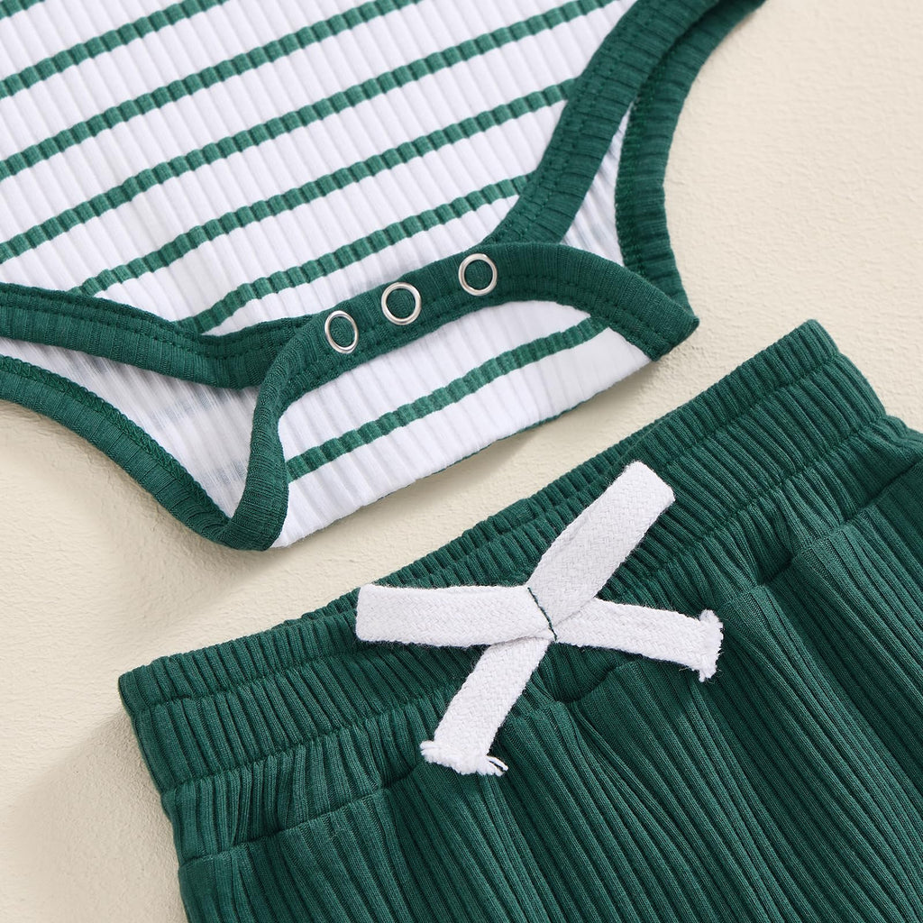 Newborn Baby Boy Girl Clothes Ribbed Knitted Long Sleeve Romper Pants Solid Cotton Infant Fall Winter Outfits 2Pcs (Striped Blue, 18-24 Months)