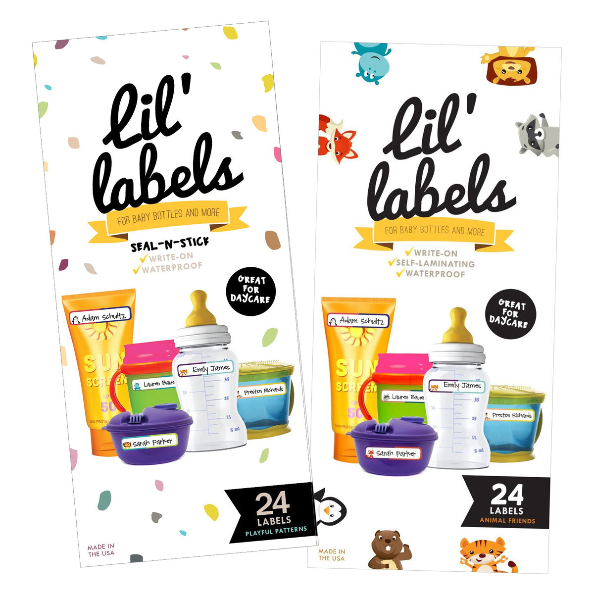 Bottle Labels, Write-On Name, Self-Laminating, Waterproof, Baby Bottle Label for Daycare, Made in The USA (Animal Friends Set of 2)
